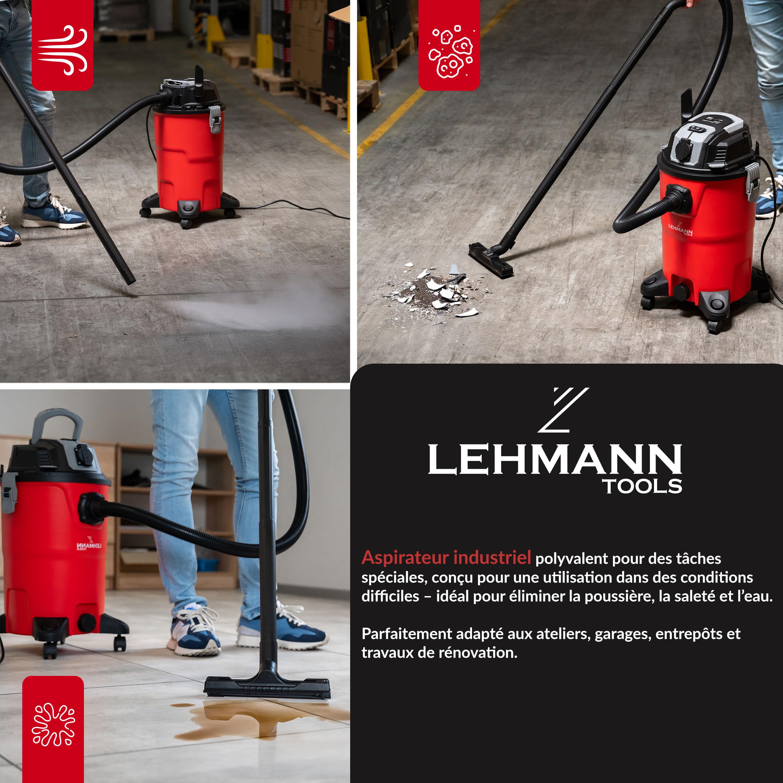 LEHMANN Aspirateur Industriel sans Sac 30L 2000W HEPA Eau et Poussière avec Prise Soufflage Secoueur de Filtre