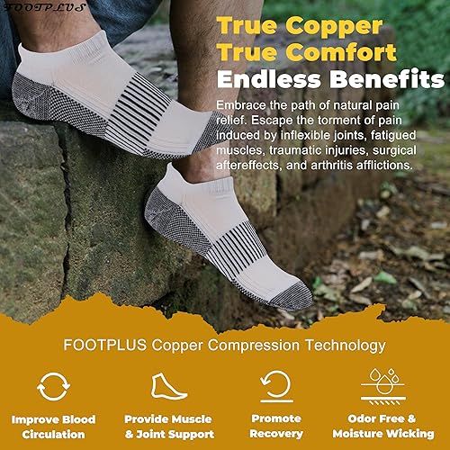 Vista 2 de FOOTPLUS Calcetines de compresión de cobre, unisex, acolchados, con soporte de arco atlético, tobillotripulación, calcetines de senderismo