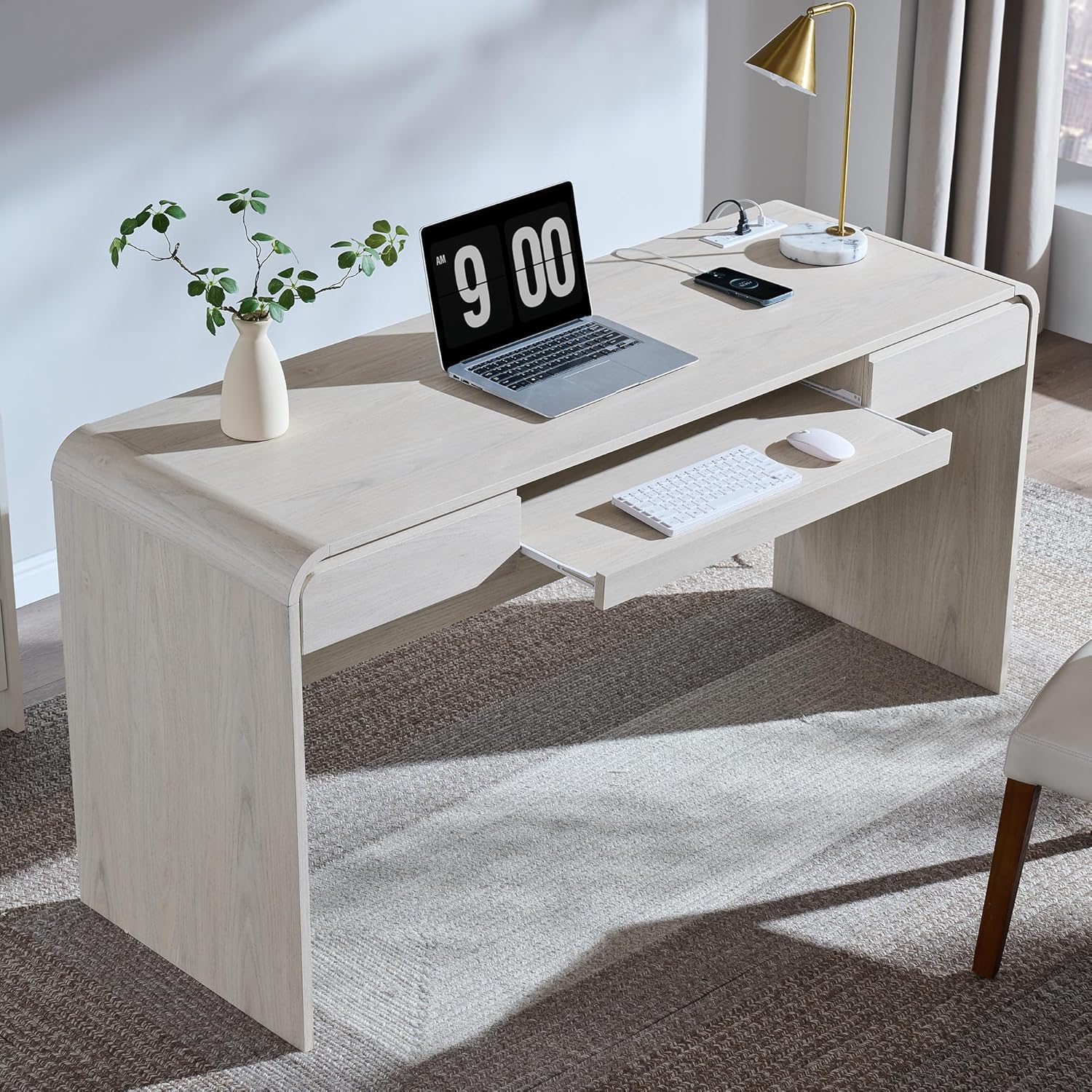 63" Modern Computer Desk with 2 Drawers, Wood Curved Executive Desk with Keyboard Tray & Power Outlet, Writing Desks with Storage for Home Office, Study Room, Living Room (Cream)