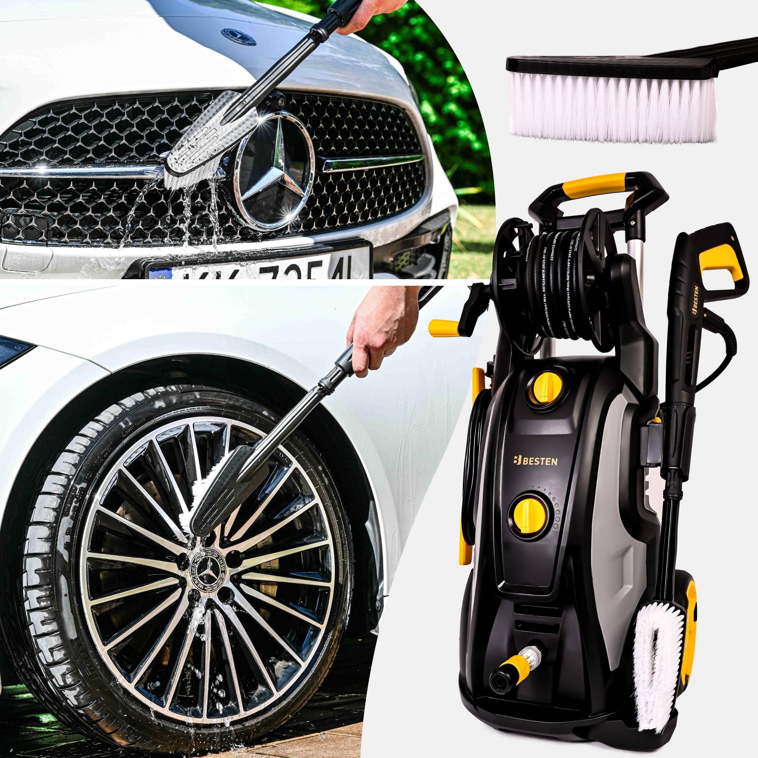 Myjka ciśnieniowa 350 bar 3200 W • silnik indukcyjny + pompa mosiężna • zestaw PRO (10 m wąż, turbo dysza, szczotka auto, szczotka do kostki w zestawie) BESTEN