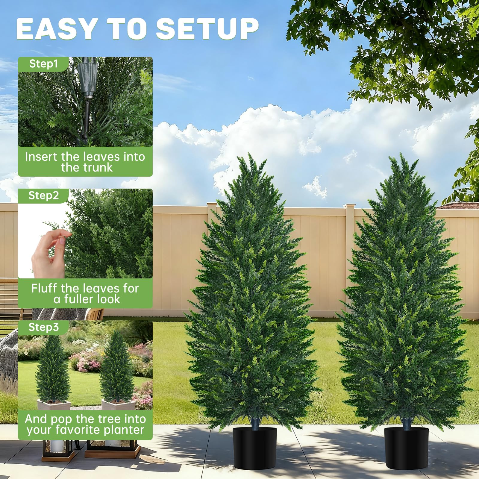 Grooy Lot de 2 arbres topiaires artificiels en cèdre de 1,2 m, lot de 2 plantes artificielles à feuilles persistantes en pot pour intérieur et extérieur, décoration d'intérieur, jardin, porche