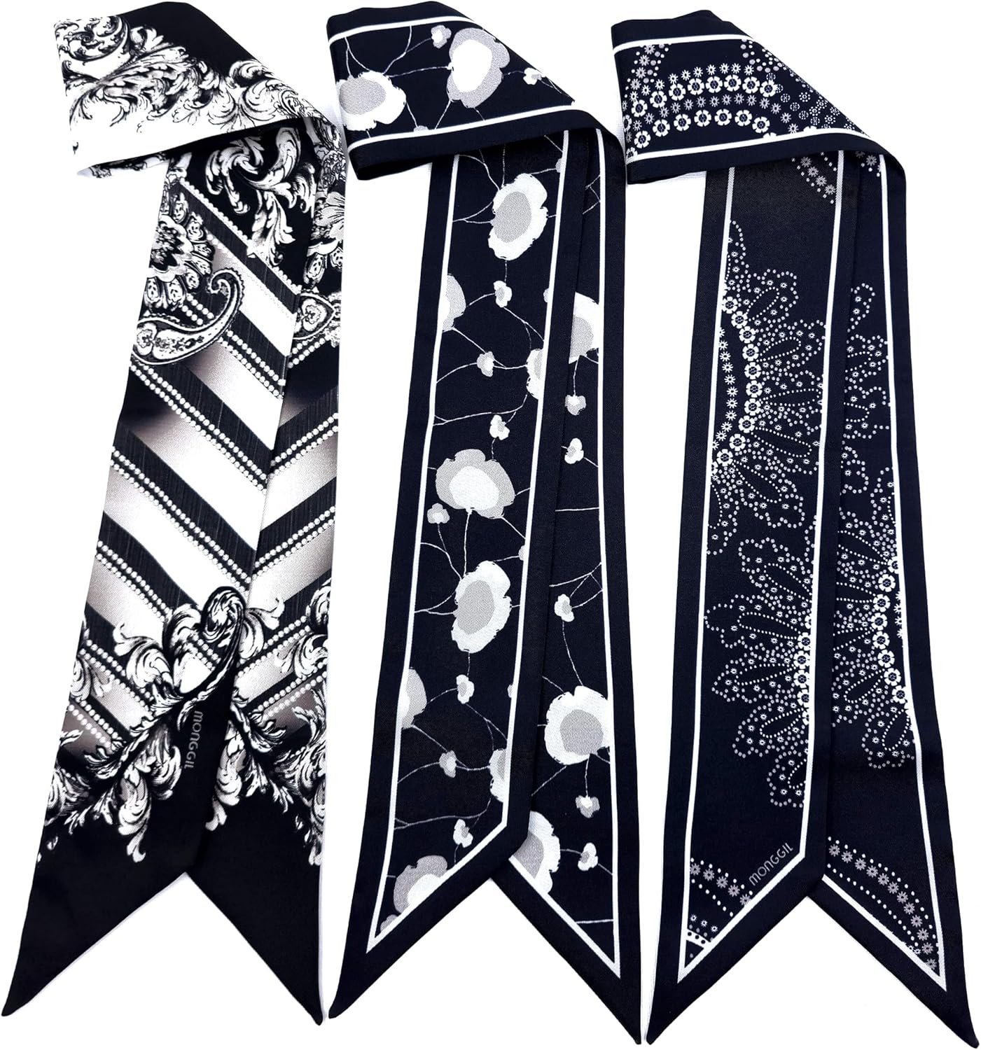 Skinny Scarf for Women, 3 Pack – Silk-Like Bag & Purse Scarves, Versatile for Hair & Neck, Exclusive Prints