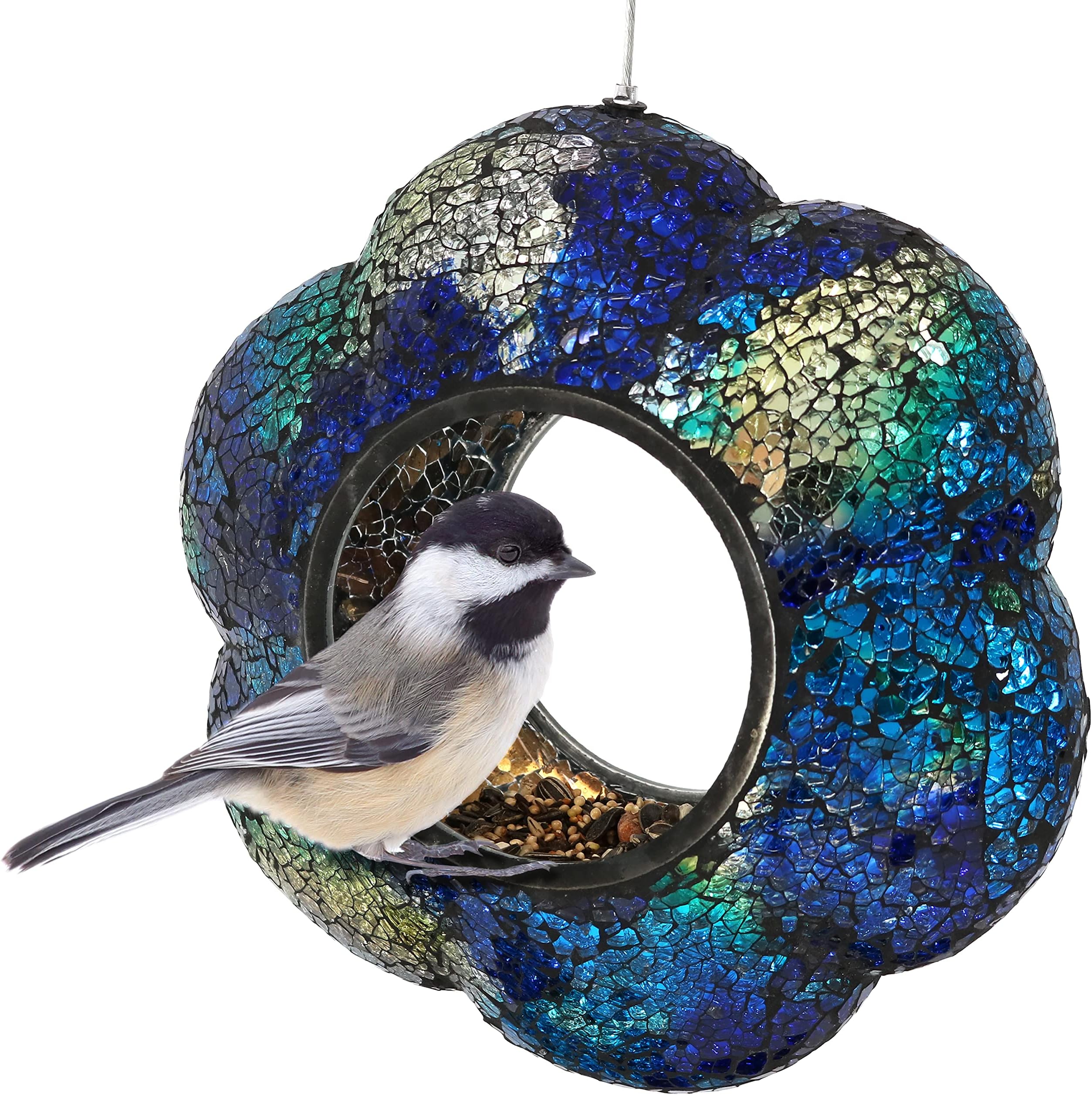 Sunnydaze 10-Inch Glass Mosaic Hanging Bird Feeder for Outdoors - Fly-Through Glass Bird Feeder for Cardinals, Jays, Finches and More - Indigo Flower Mosaic