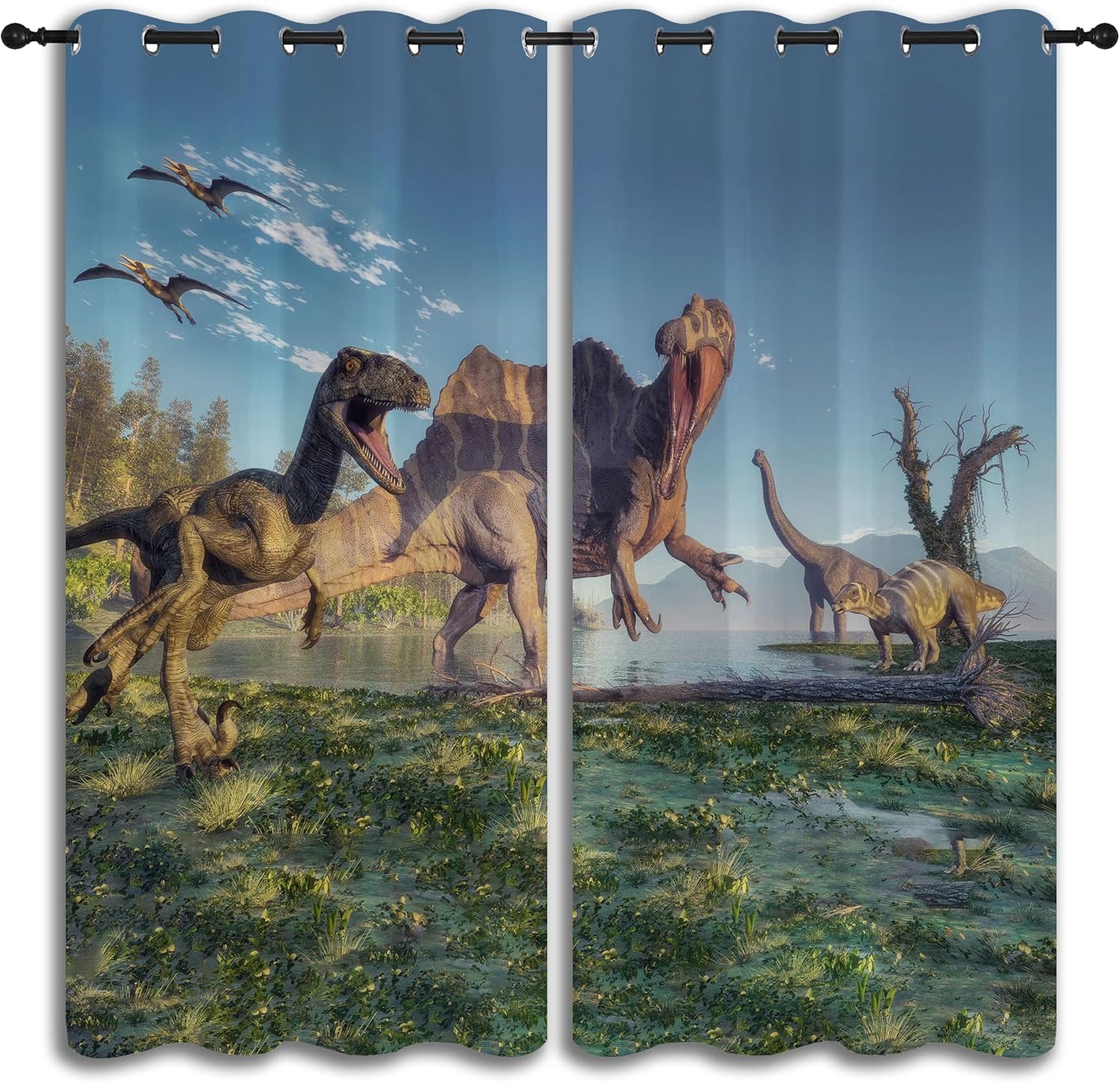 Dinosaur Grommet Blackout Curtains for Boy Girl Bedroom, Jurassic Century Spinosaurus and Deinonychus Home Energy Efficient Light Filtering Window Curtain for Living Room, 63x63 inch