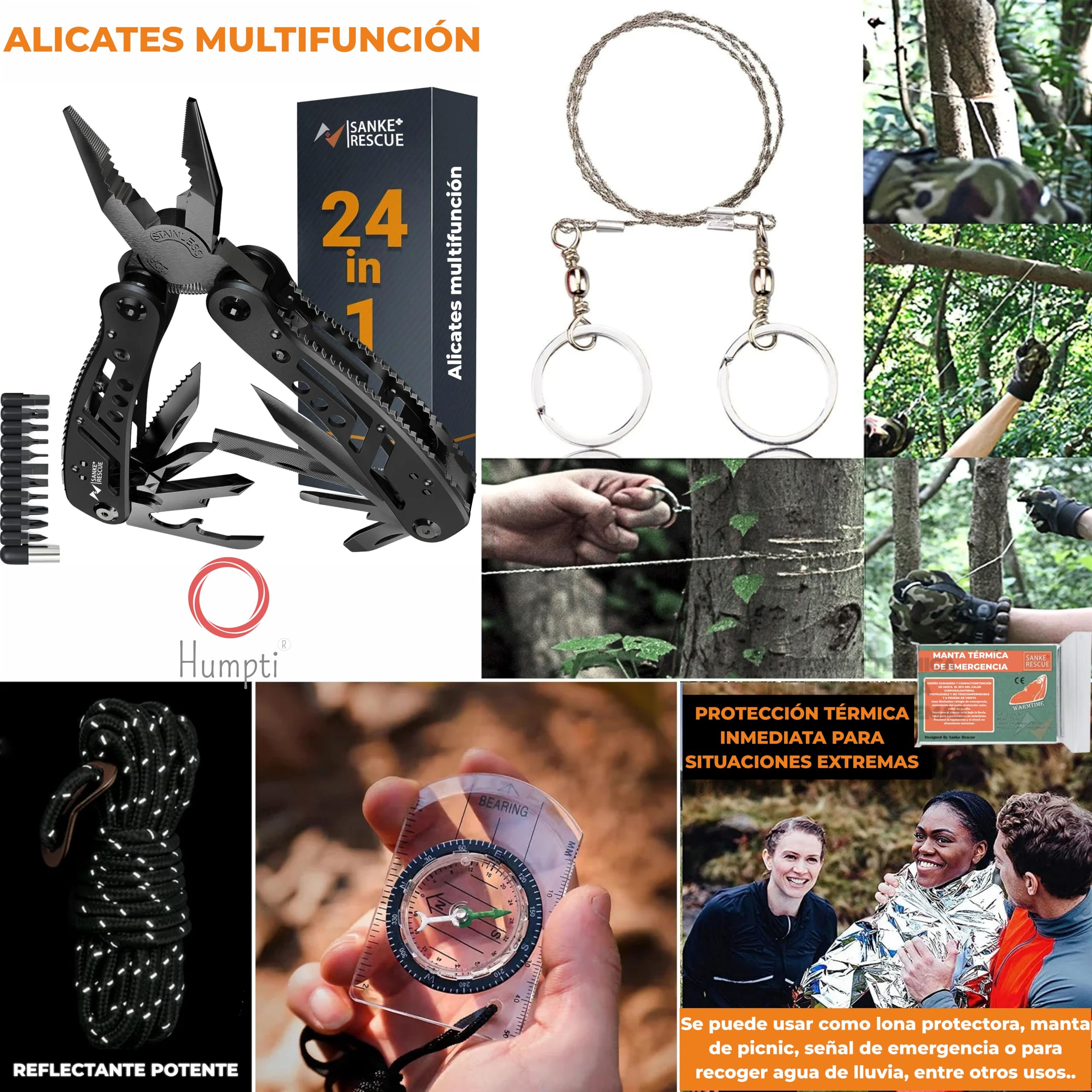Kit Supervivencia UE 2025 con Mochila Botiquín y Linterna, Manta Térmica Supervivencia, Cuchillo Supervivencia Militar Profesional más Hacha, Tiritas, Vendas, Silbato y Brújula (Titán - Premium)