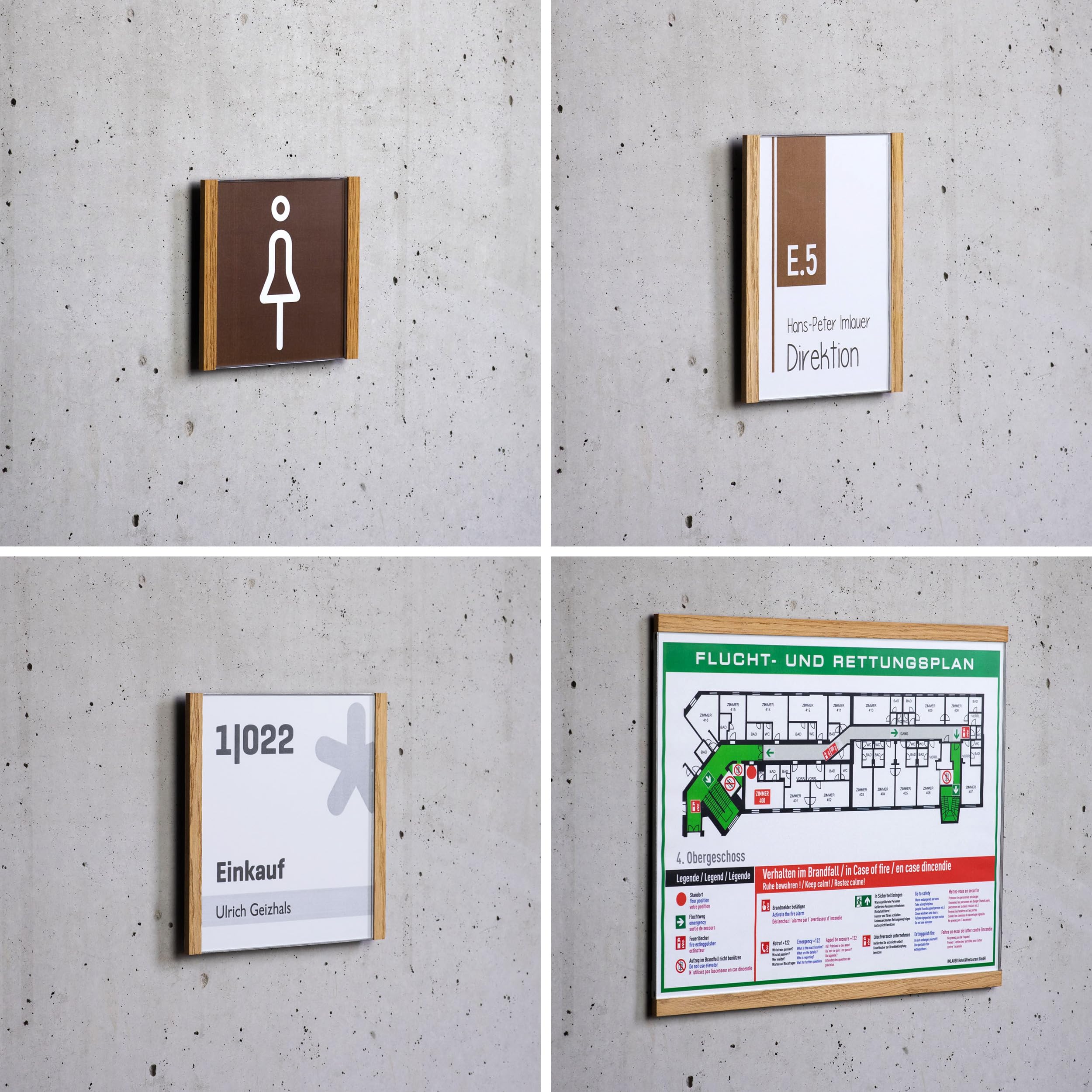 NIRO.clic-eiche Türschild 5er-Set – Edles Edelstahlschild mit Eichenholz-Abschlüssen – Büroschild mit entspiegelter Acrylabdeckung – Made in Austria (5 Stück, 124,5 x 150,5 (A6))