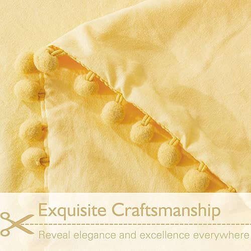 Miniatura 3 de Andency Funda de edredón con flecos y pompones, tamaño matrimonial (79 x 90 pulgadas), 3 piezas (1 funda de edredón amarillo liso, 2 fundas de