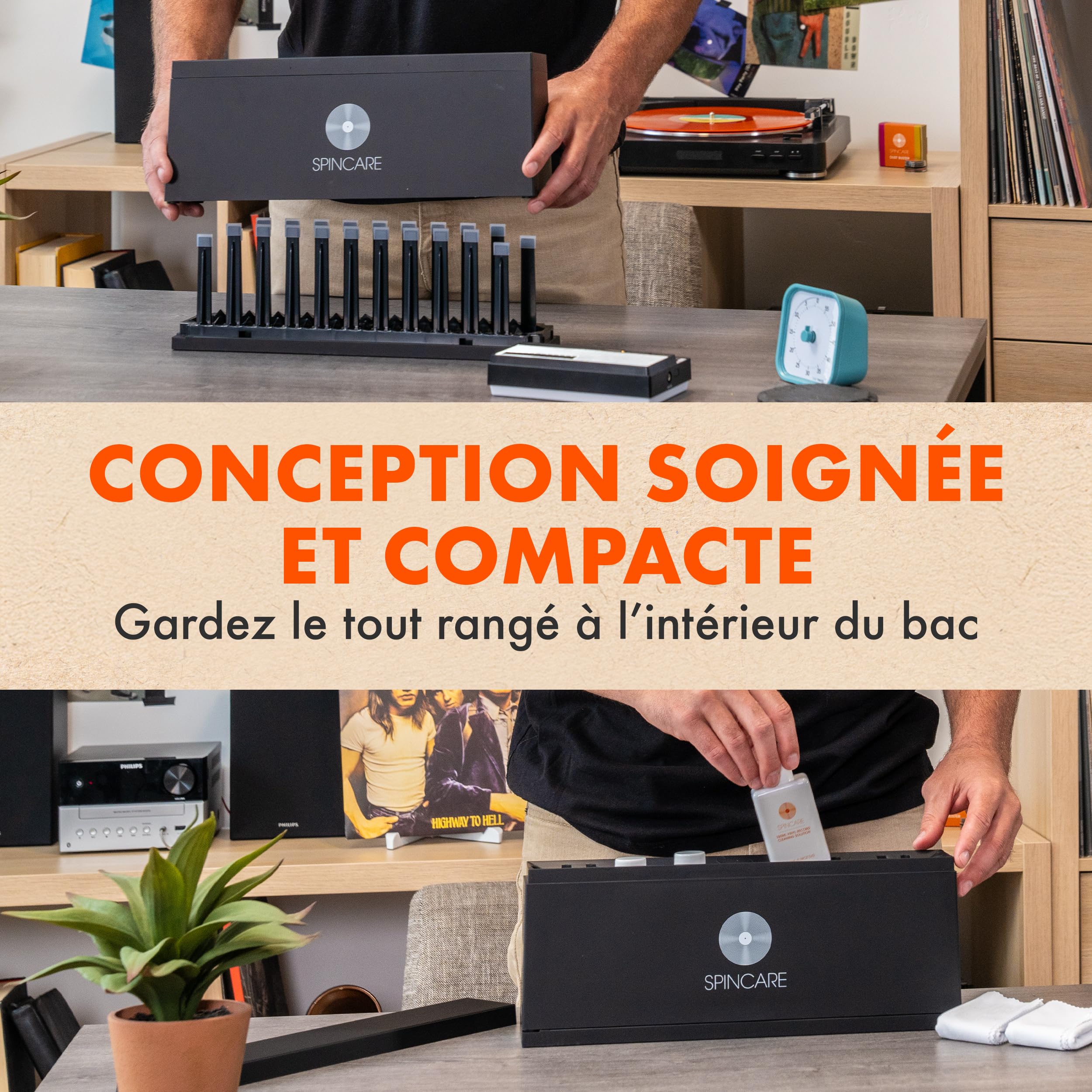 SPINCARE Machine Nettoyage Vinyle Kit Nettoyeur Disque Vinyle pour Albums LP 33 Tours 45 Tours | Inclut Liquide et Bac de Nettoyage Chiffon Microfibre – Nettoie 500 Disques LP