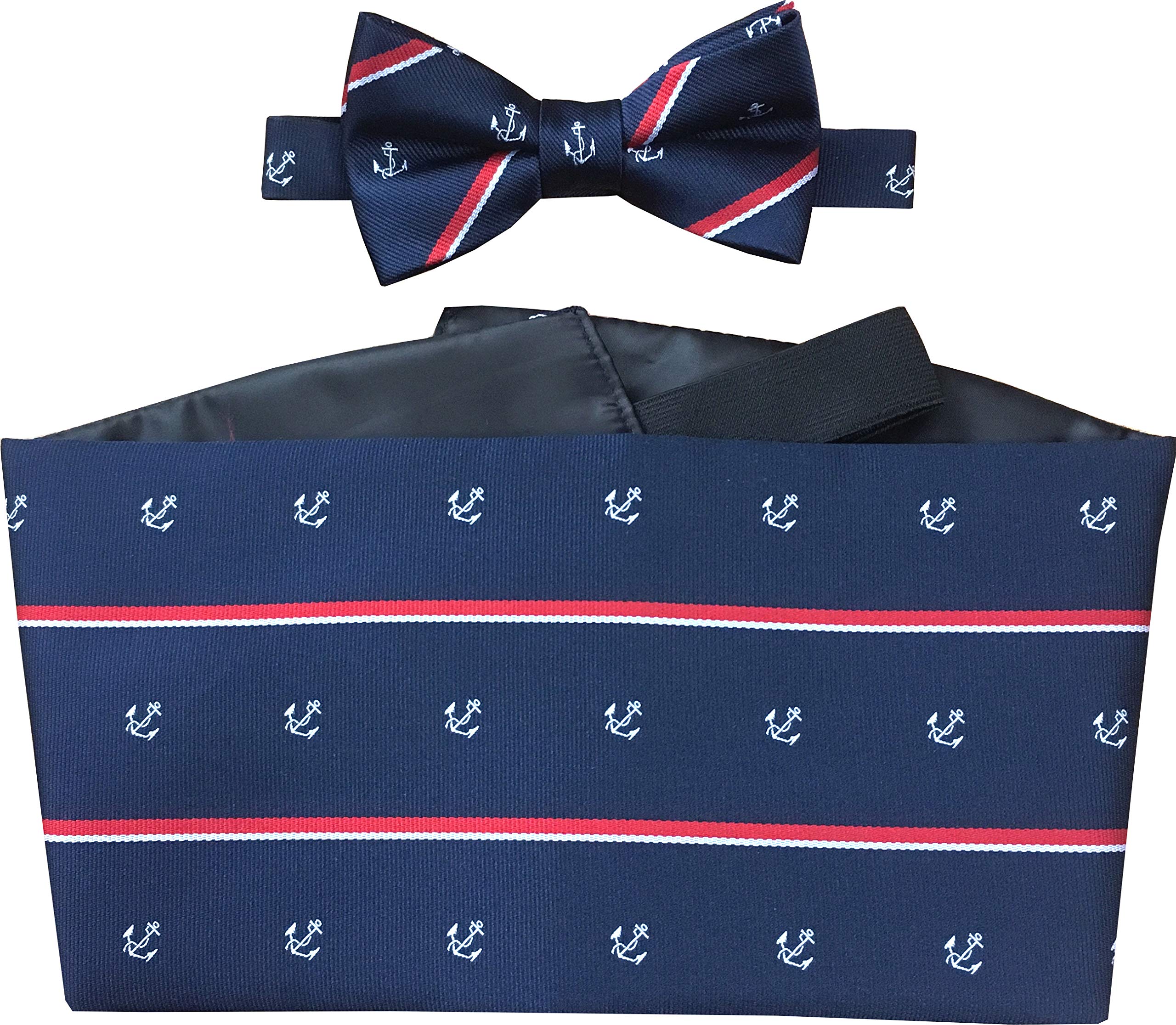 Great British Tie Club Men's Navy, Red, White Royal Navy Anchor & Stripe Regital Cummerbund Set (Includes Bow Tie & Hanky)