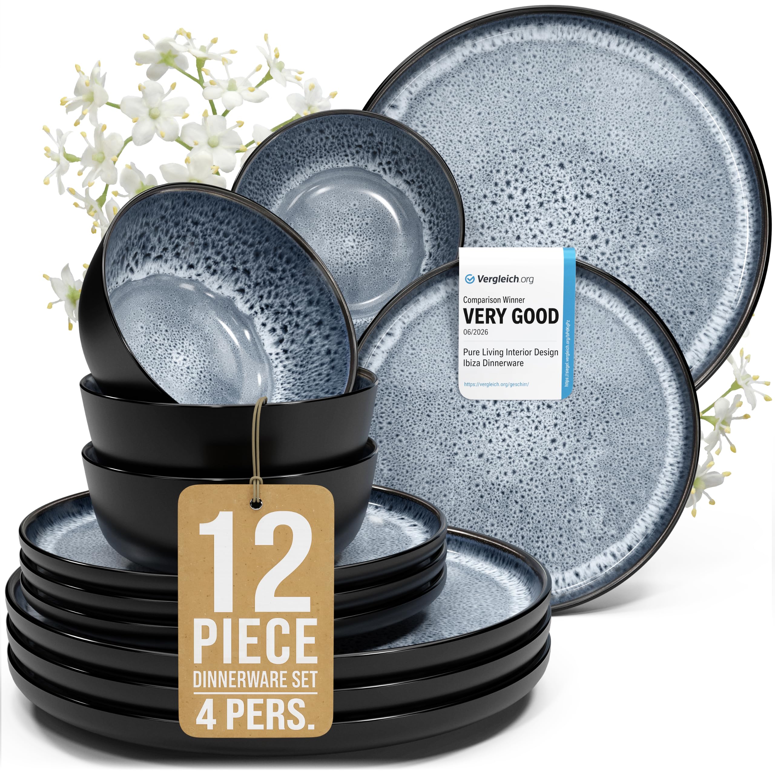 Pure Living Ibiza 12 Piece Dinner Set for 4 People - Mediterranean Stoneware Dinnerware, Dinner Service for 4, Plates and Bowls Set, Dishwasher and Microwave Safe - Smoky Blue