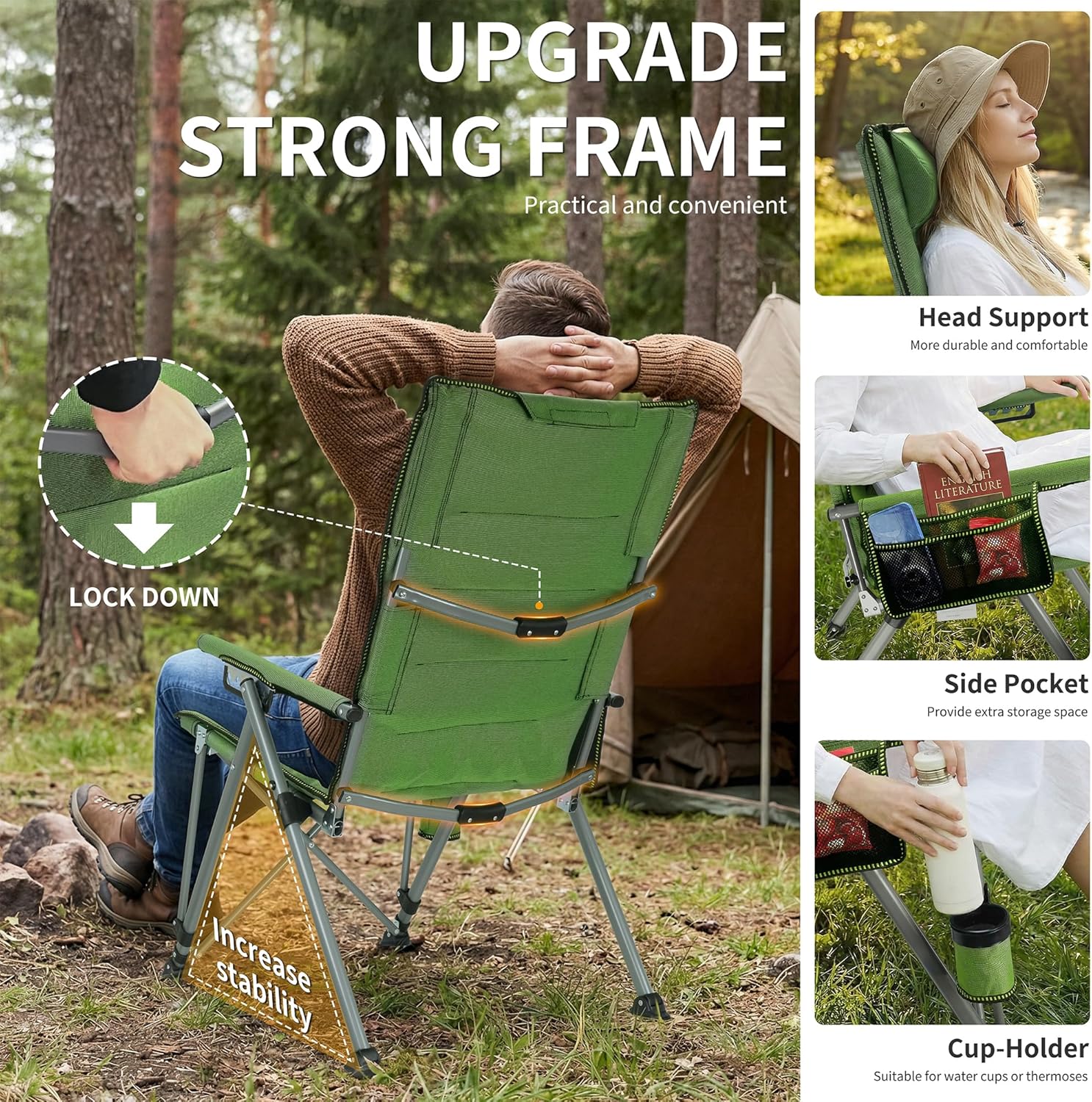 Folding Camping Chair with Cup Holder and Storage Bag, Heavy Duty Support 400 LBS, Oversized Collapsible Portable Adjustable Back Support Camping Chair for Outdoor Lawn Patio Balcony