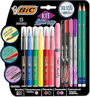Kit Lettering BIC, c/ 6 Brush Pens + 1 Pincel Marcador Pastel Rosa + 2 Intensity Ponta Fina + 2 Intensiy Ponta Média + 2 Lápis Pretos, 971080, Multicor
