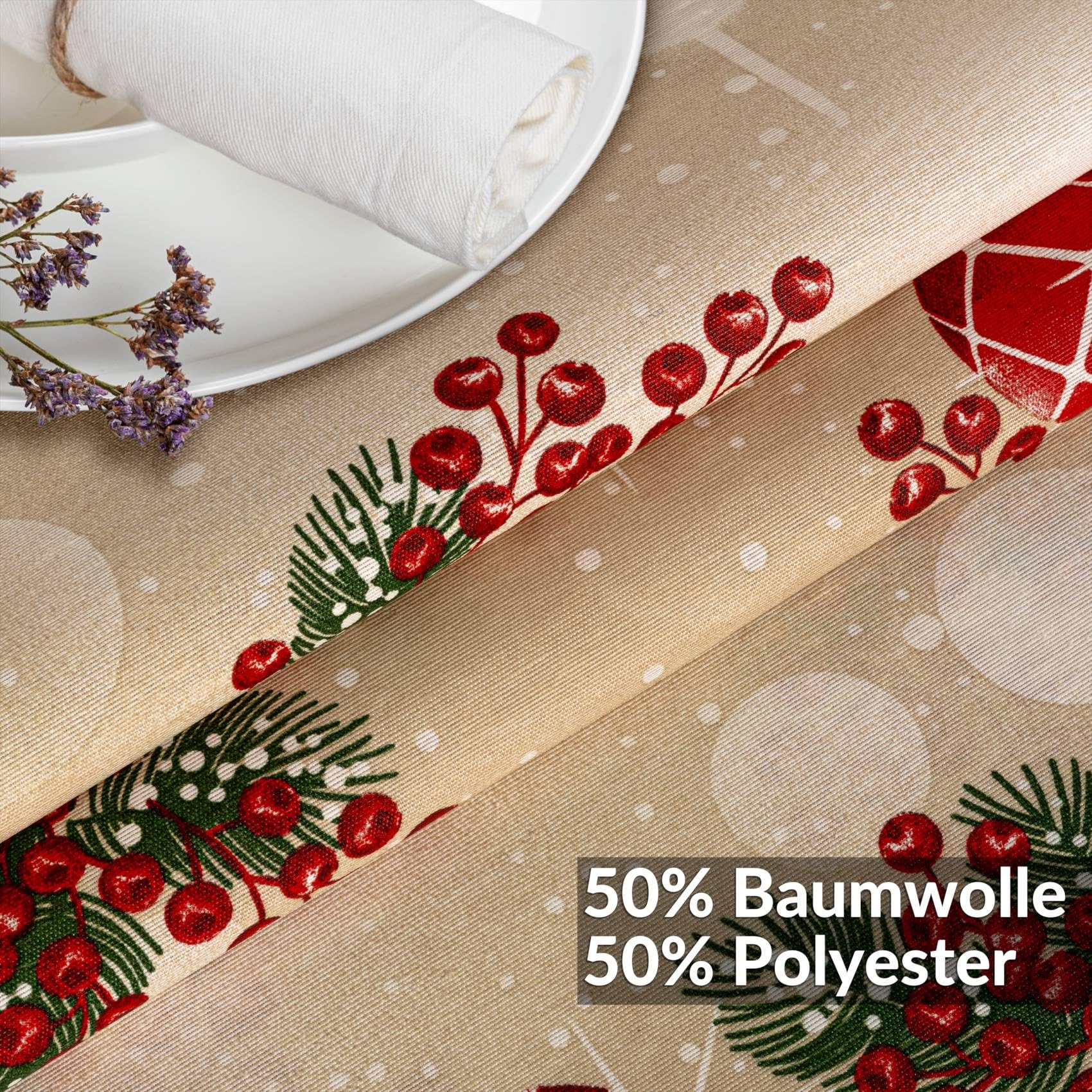 ANRO Tischdecke abwaschbar Weihnachtskugeln Beige mit Saum oval 220x140 cm