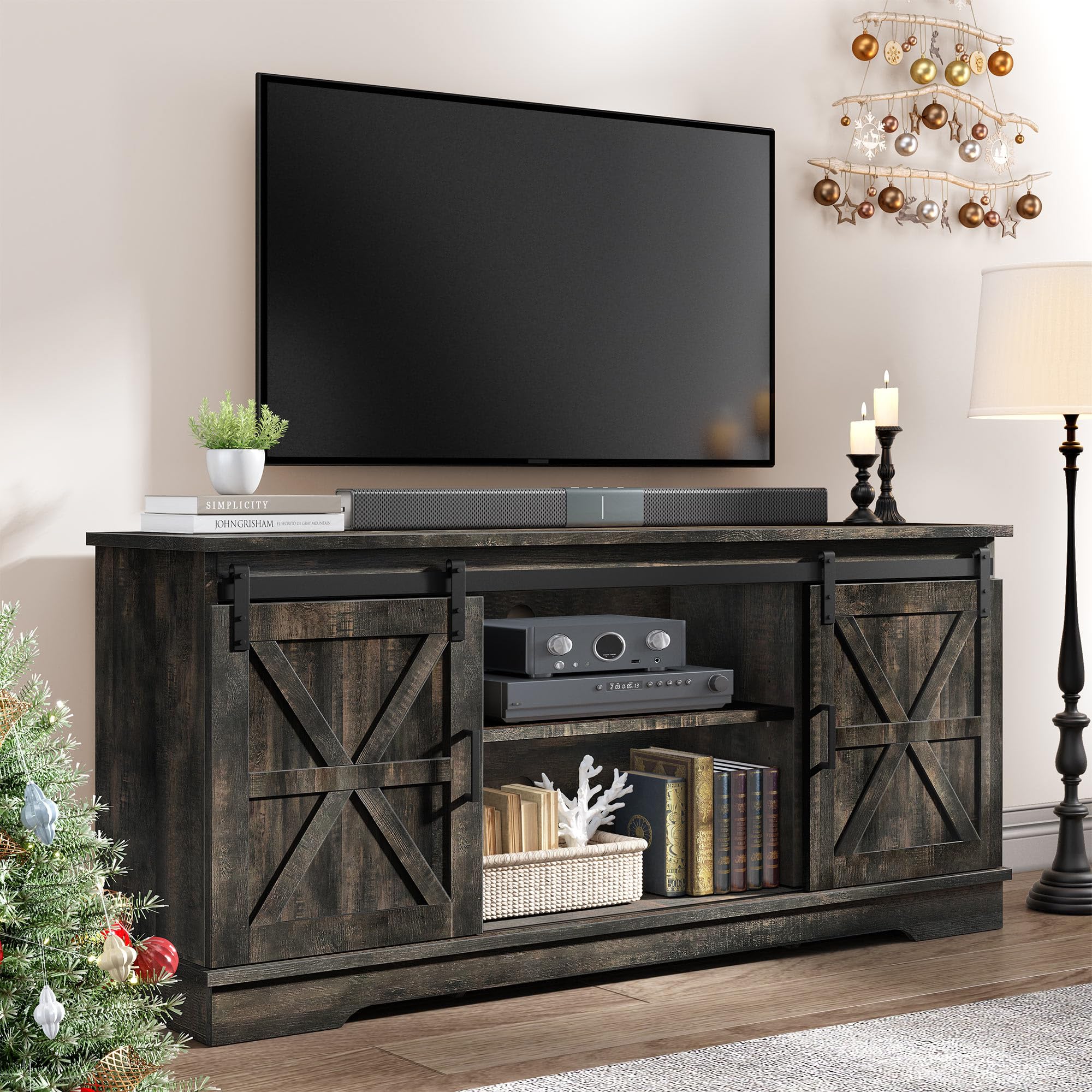yitahome tv stand for tvs up to 65 inch, farmhouse entertainment center with sliding barn doors and storage cabinet, rustic tv media console for living room, dark rustic oak