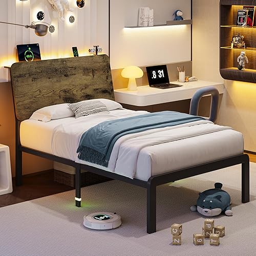 Miniatura 12 de iPormis Marco de cama de metal de tamaño completo con luces LED y estación de carga, cama plataforma con cabecera de almacenamiento ergonómica,