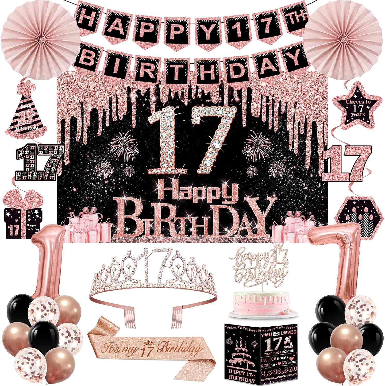 17th Birthday Decorations for Girls,32PCS 17th Birthday Party Decorations,Including Backdrop, Crown, Sash, banner, Hanging Swirl,balloons,Cake Topper,Paper Fans and Anniversary Card