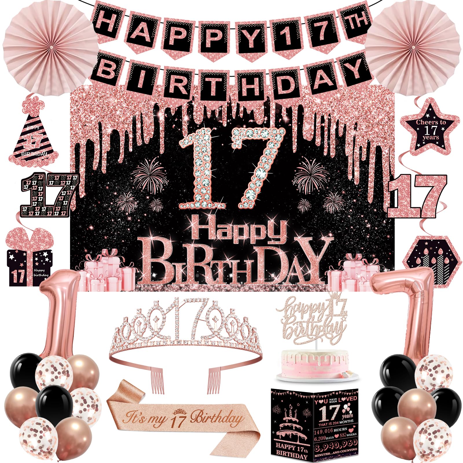 17th Birthday Decorations for Girls, 32pcs 17th Birthday Party Decorations, Including Backdrop, Crown, Sash, Banner, Hanging Swirl, Cake Topper, Balloons, Anniversary Card,Paper Fans