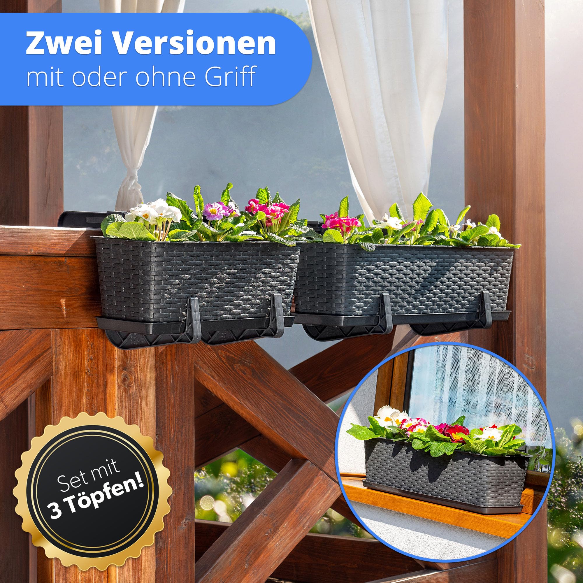 KADAX Blumenkasten 60 cm 3er Set Balkonkasten – Kunststoff Pflanzkasten für Balkon & Garten, Anthrazit, Wetterfest & Stabil, Ideal für Blumen & Kräuter