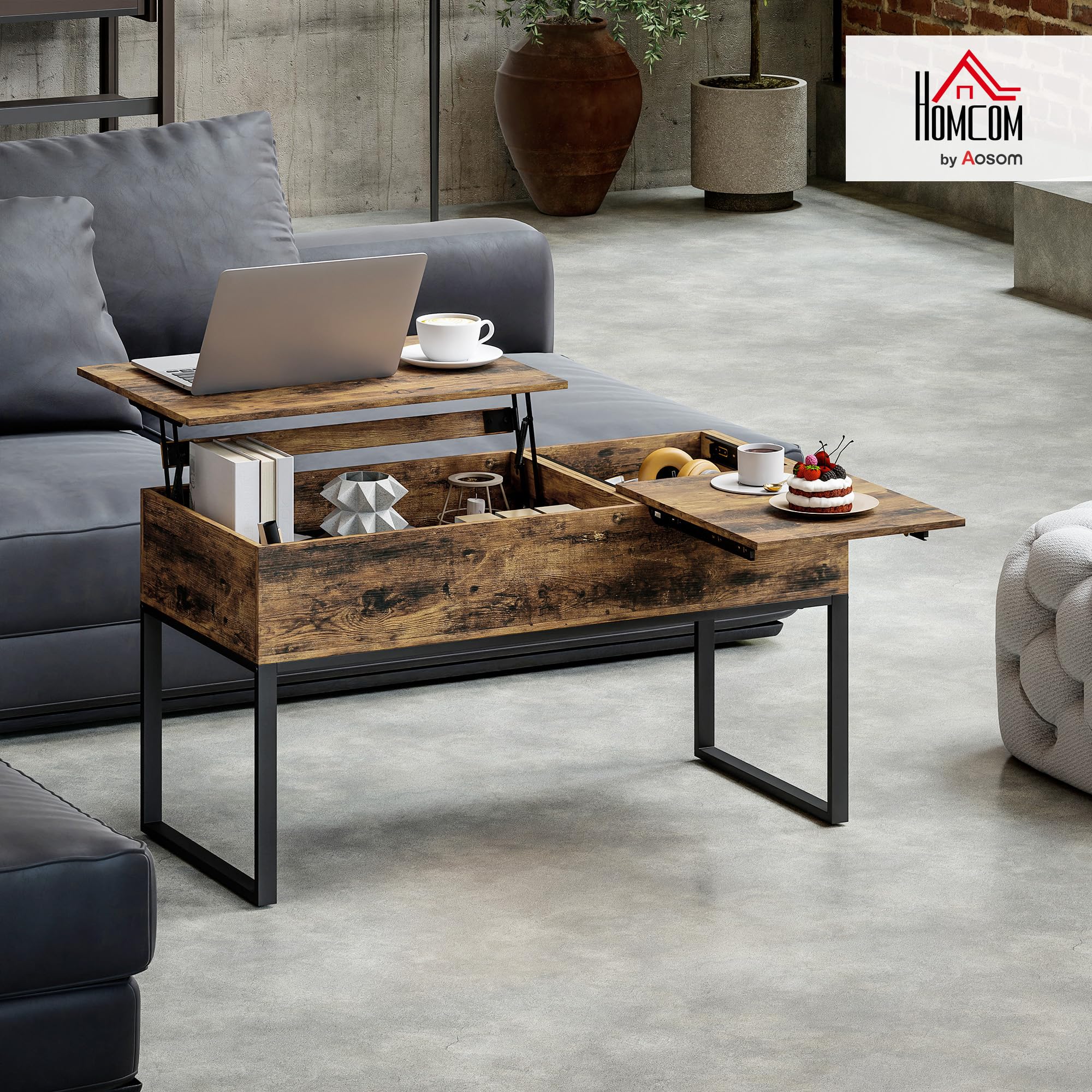 HOMCOM Mesa de Centro Elevable Cierre Suave 100x45x67 cm Marrón Rústico | Mesa de Café, Encimera Deslizante, Espacio Oculto de Almacenaje