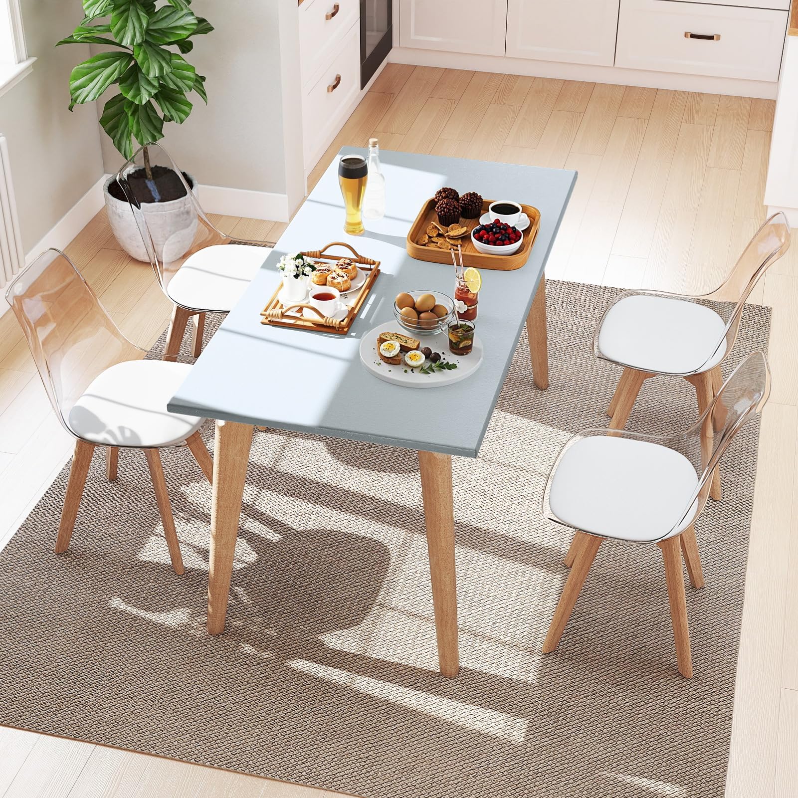 RELAX4LIFE 4er Set Esszimmerstühle, transparente Küchenstühle mit ergonomischem Sitz & Massivholz Beinen, Akzentstuhl gepolstert bis zu 150kg belastbar, für Küche, Wohnzimmer, Büro (Weiß)