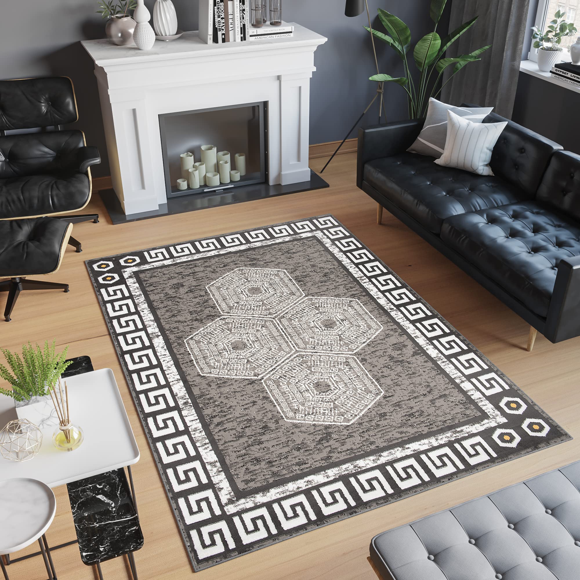 TAPISO Atena Tapis de Salon Chambre Ado Design Moderne Graphite Blanc Jaune Motif Grec Bordé Fin Poil Court 140 x 200 cm