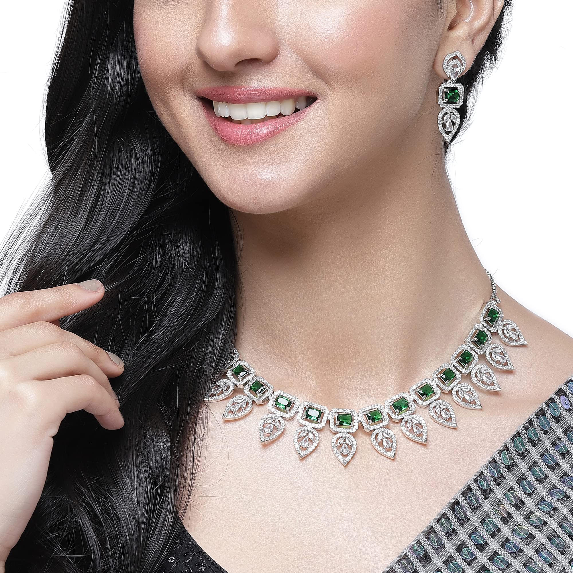 Leaf Style AD Rectangle Shaped Studded Necklace