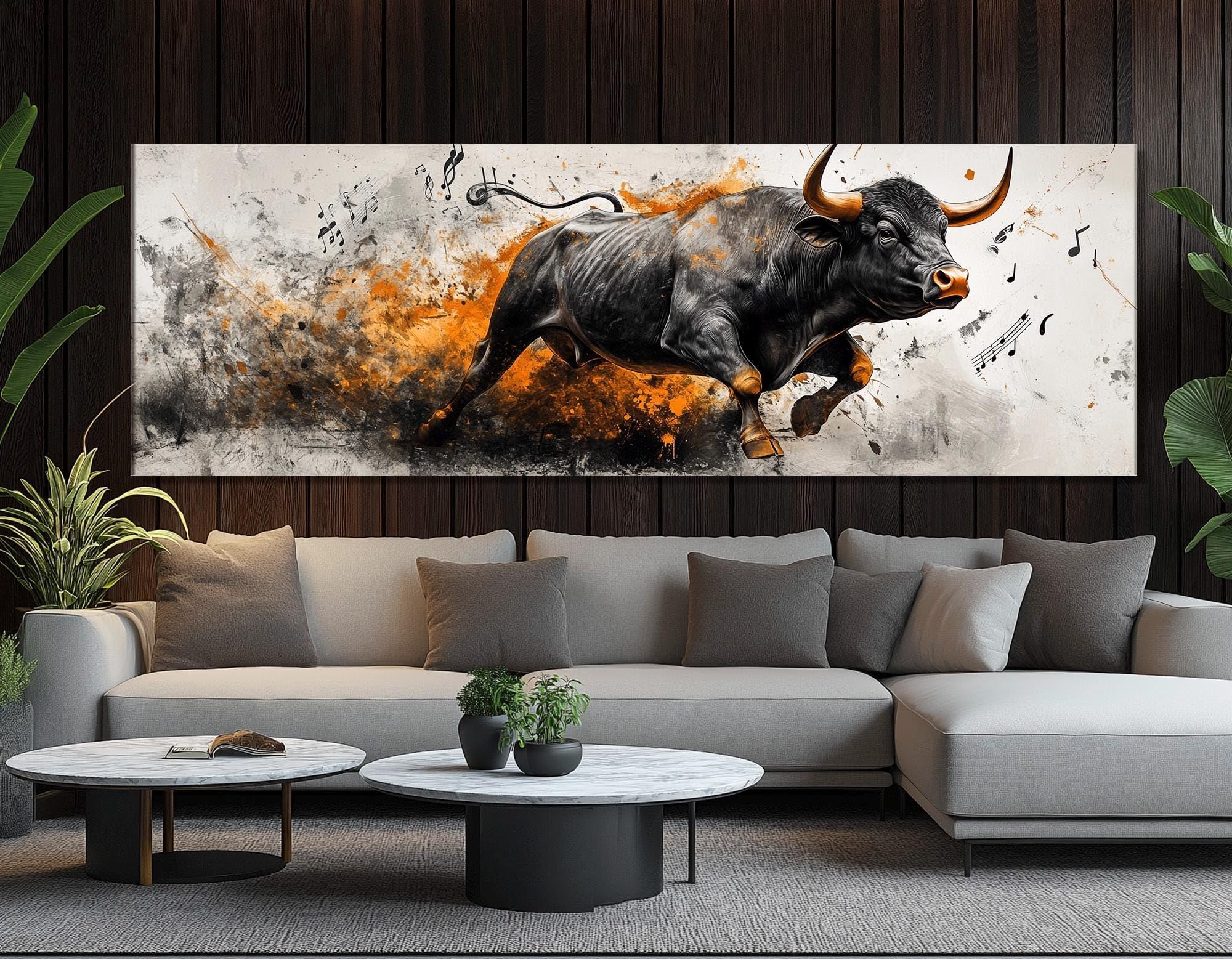CAOXTART Dipinto astratto di un toro che carica, stampa di poster musicali, tela con note musicali, per soggiorno, decorazione murale per la casa (40x120 cm/cornice interna)
