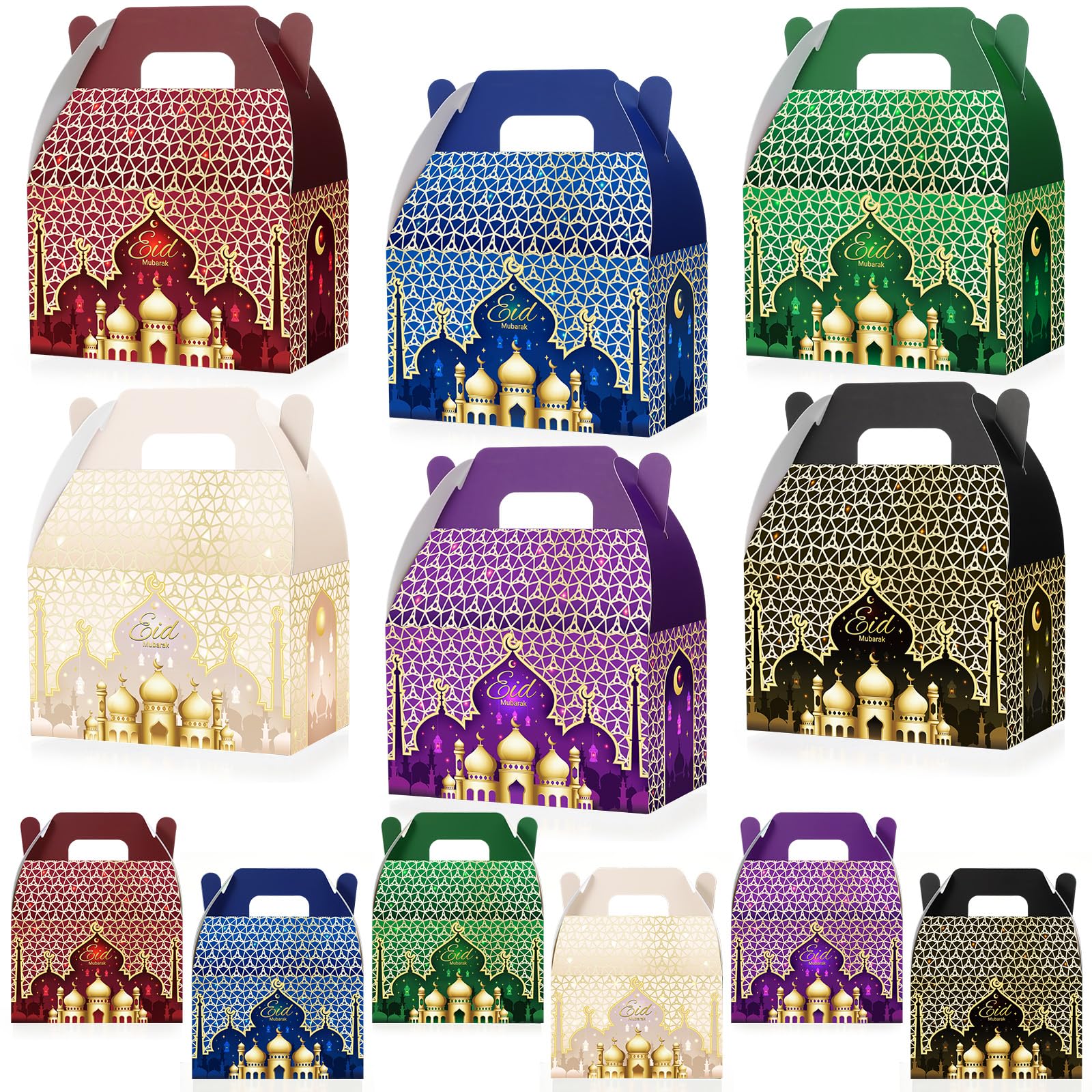 FunooFuno 12 Pcs Ramadan Eid Treat Box Mubarak Gift Box Castle Star Moon Lantern Ramadan Mubarak Goodie Candy Paper Bag for Muslim Eid Al Fitr Party Supplies