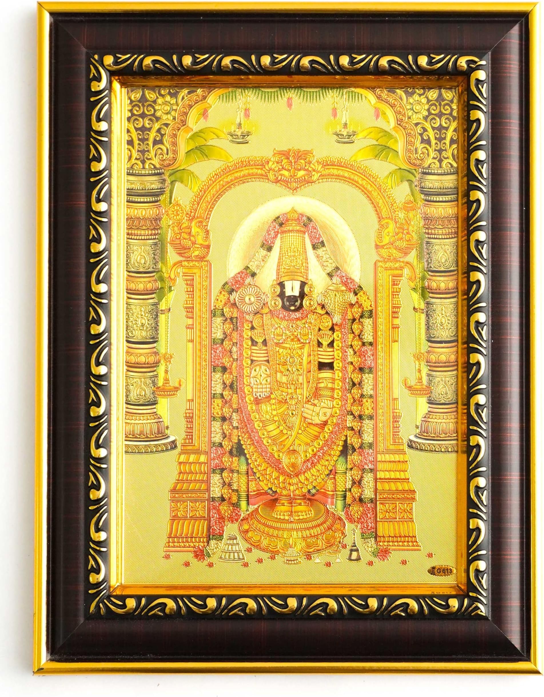Lord Venkateshwara Tirupati Perumal with Green Leaf Wooden Photo Frame in Gold Foil Wall Hanging and Tabletop for Gifting Home Decor House Warming in Rectangular Shape made of Chemical Lamination 8" X 6" inch