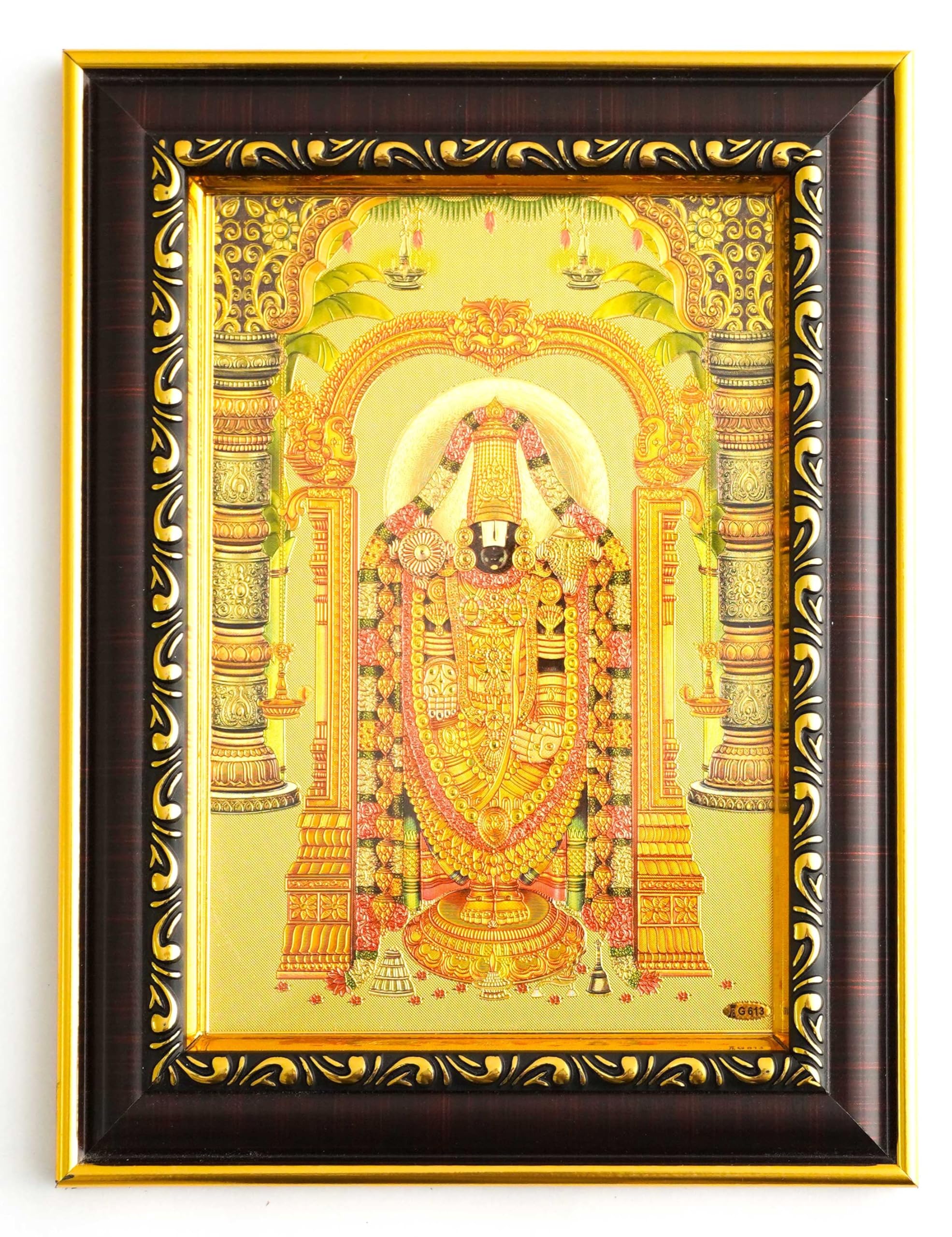 Lord Venkateshwara Tirupati Perumal with Green Leaf Wooden Photo Frame in Gold Foil Wall Hanging and Tabletop for Gifting Home Decor House Warming in Rectangular Shape made of Chemical Lamination 8" X 6" inch