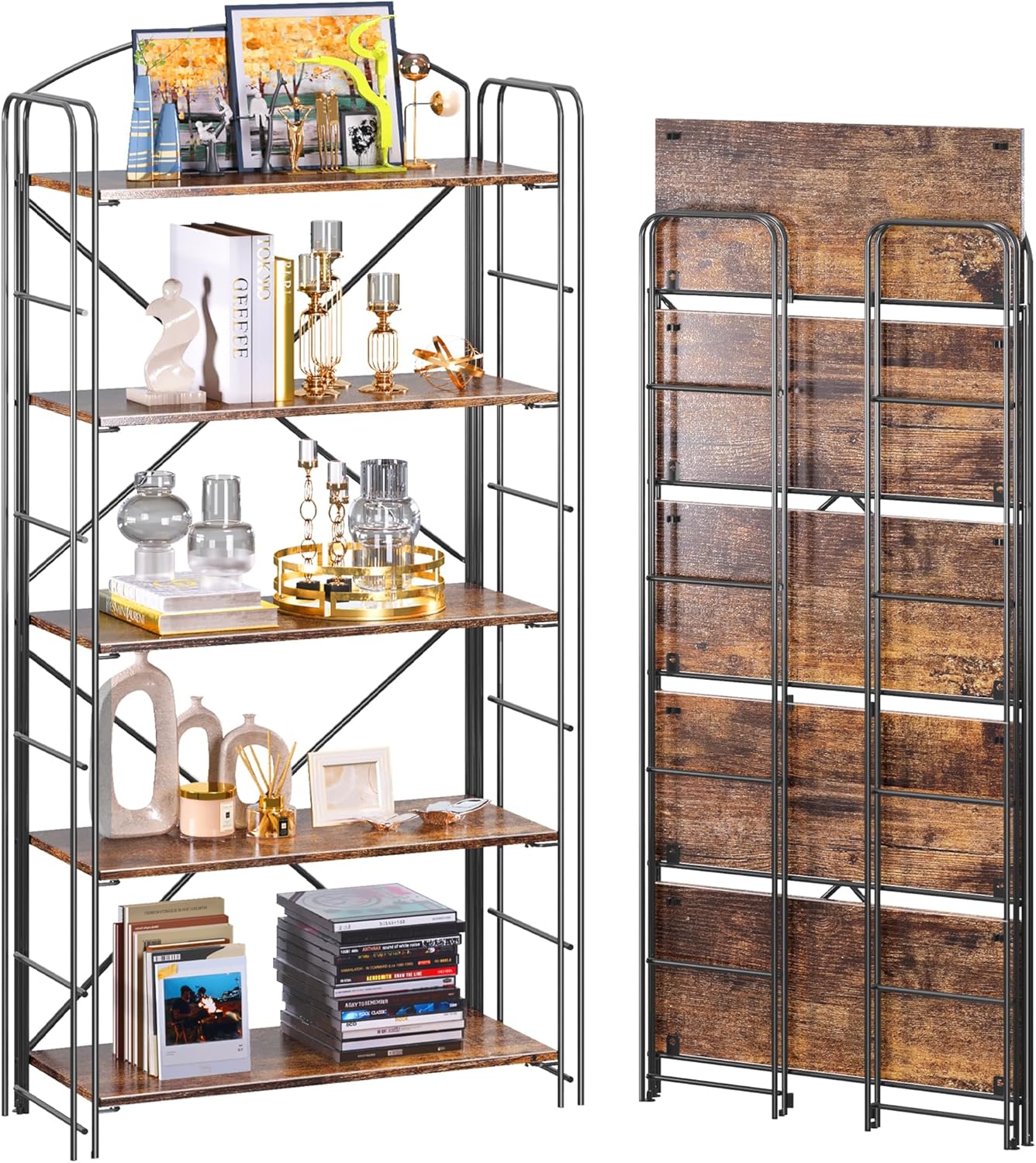 UDD Folding Bookshelf No Assembly, 54.1"H x 23.7"W, 5 Shelf Foldable Bookcase Industrial Collapsible Bookshelves, Open Storage Book Shelves for Small Spaces Home Office Living Room, Rustic Brown Black