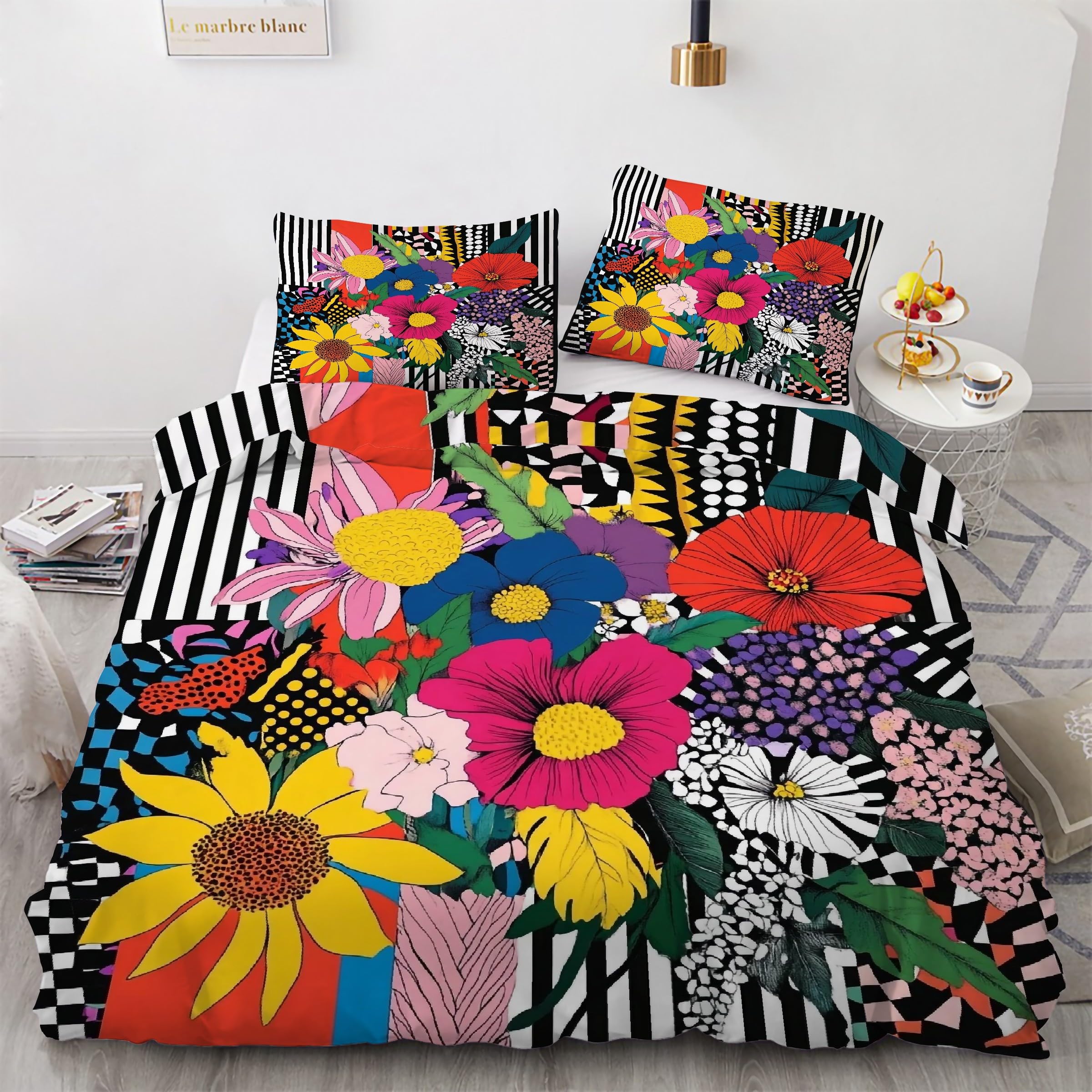Parure de lit 90x190 fleurs avec housse de couette en microfibre et 2 taies d'oreiller