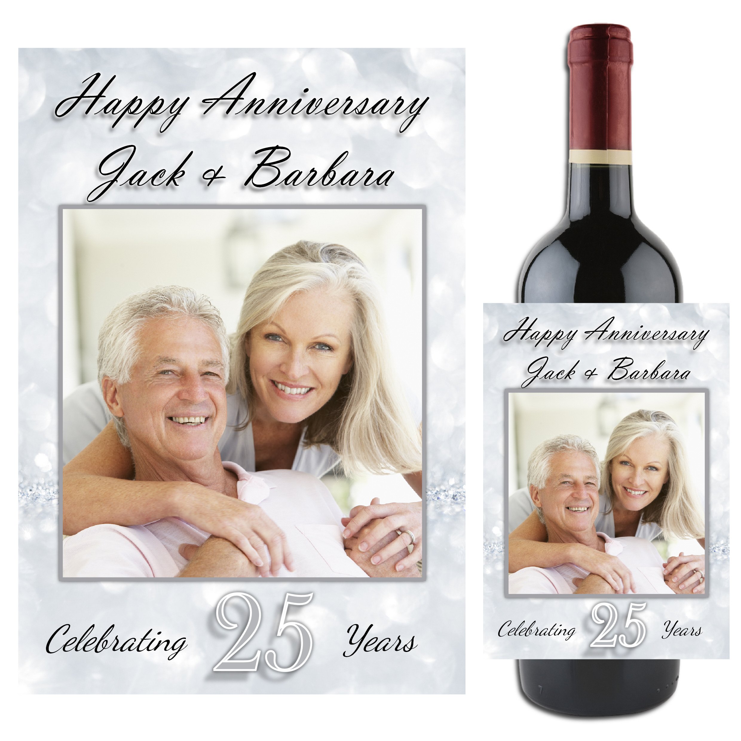 Personalised Silver 25th Wedding Anniversary Wine/Champagne Bottle Photo Label Gift Present Idea N90