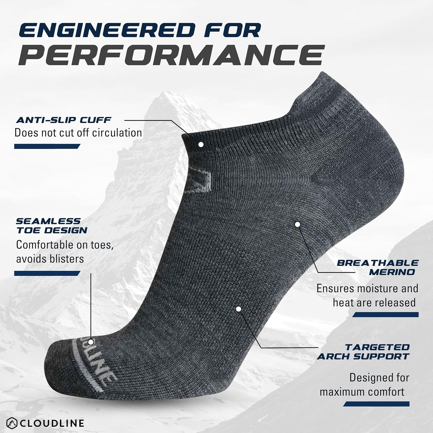 CloudLine - Merino Wool Socks for Men and Women - Light Cushion, Anti-Blister & Moisture Wicking Wool Running Socks - 1 Pair - Image 5