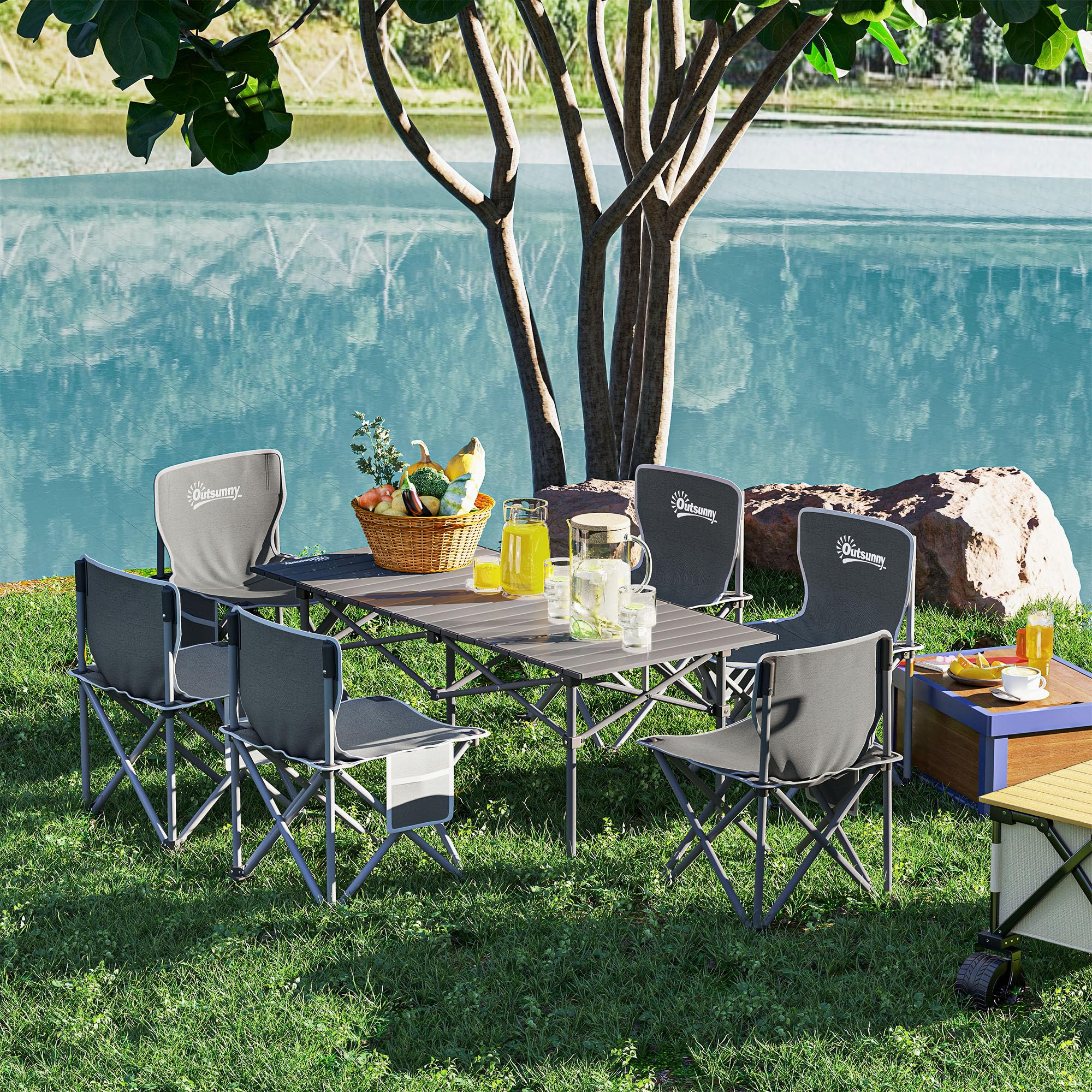 Outsunny Table de Camping avec 6 chaises Pliantes, Ensemble Table et Chaise de Camping 7 pièces avec Sacs de Transport et Poches latérales, 120 x 55 x 50 cm, Gris foncé