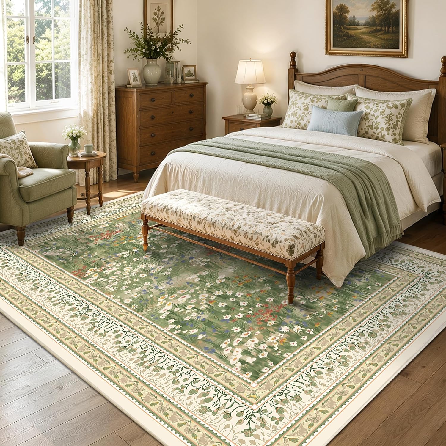 HelloTree 5x7 Floral Vintage Boho Area Rug | Machine Washable Soft Low Pile Non-Slip Botanical Indoor Carpet for Medium Living Room, Bedroom, Dining Room, Light Green