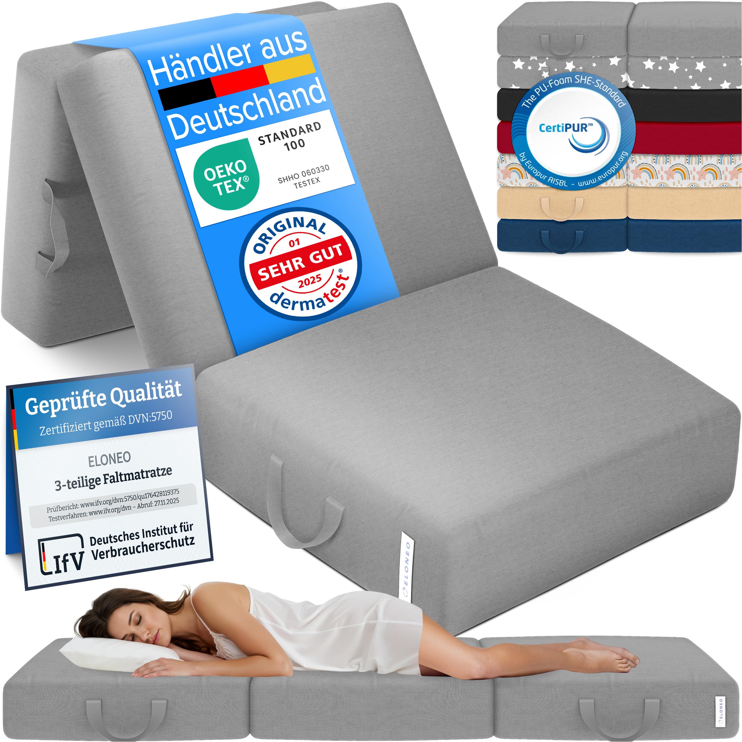 ELONEO Klappmatratze, Gästematratze, 3-teilige Faltmatratze, Schaumstoff extra dick (15cm), waschbar, Bandscheibenwürfel, klappbar, Faltbare Matratze, Erwachsene (Grau, 75 x 195 x 15 cm)