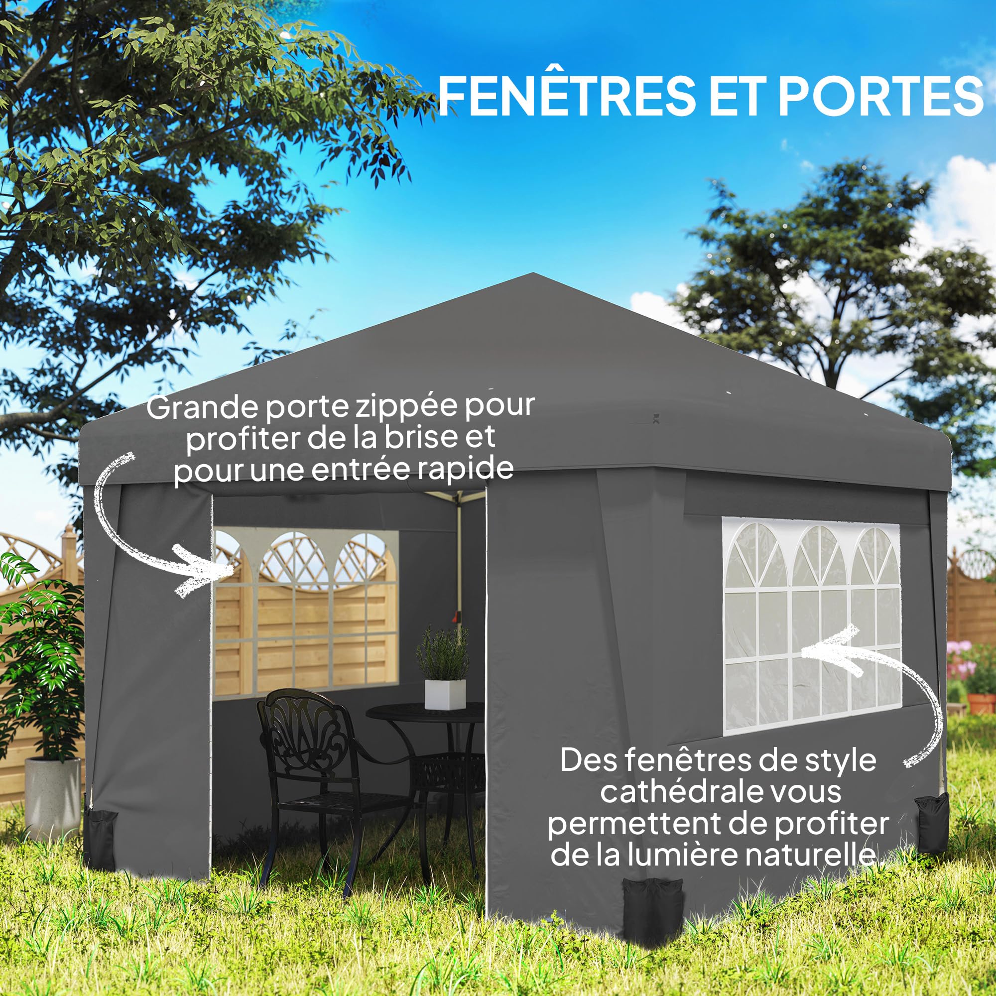 Outsunny Tonnelle de Jardin Pop-Up Pliante Anti-UV 30 + 3 x 3 m Gris Foncé | Tonnelle Barnum, Tente de Réception, avec Fenêtres, Parois Latérales, Sac de Transport, Sacs de Sable
