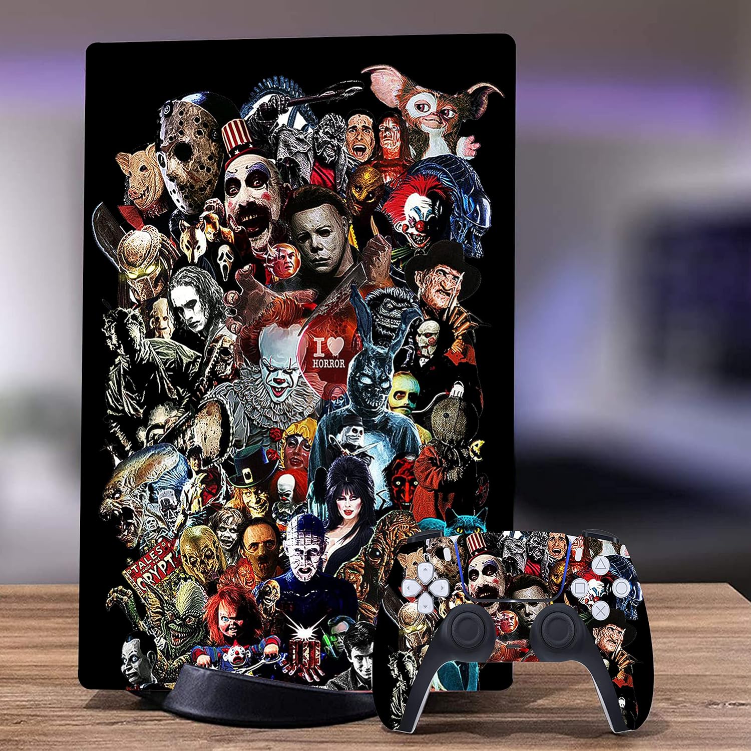 P-S5 Skin Disc Edition Horror Pattern Console and Controllers Vinyl Stickers Scratch Durable Compatible with Play-Station 5(Disk Edition)