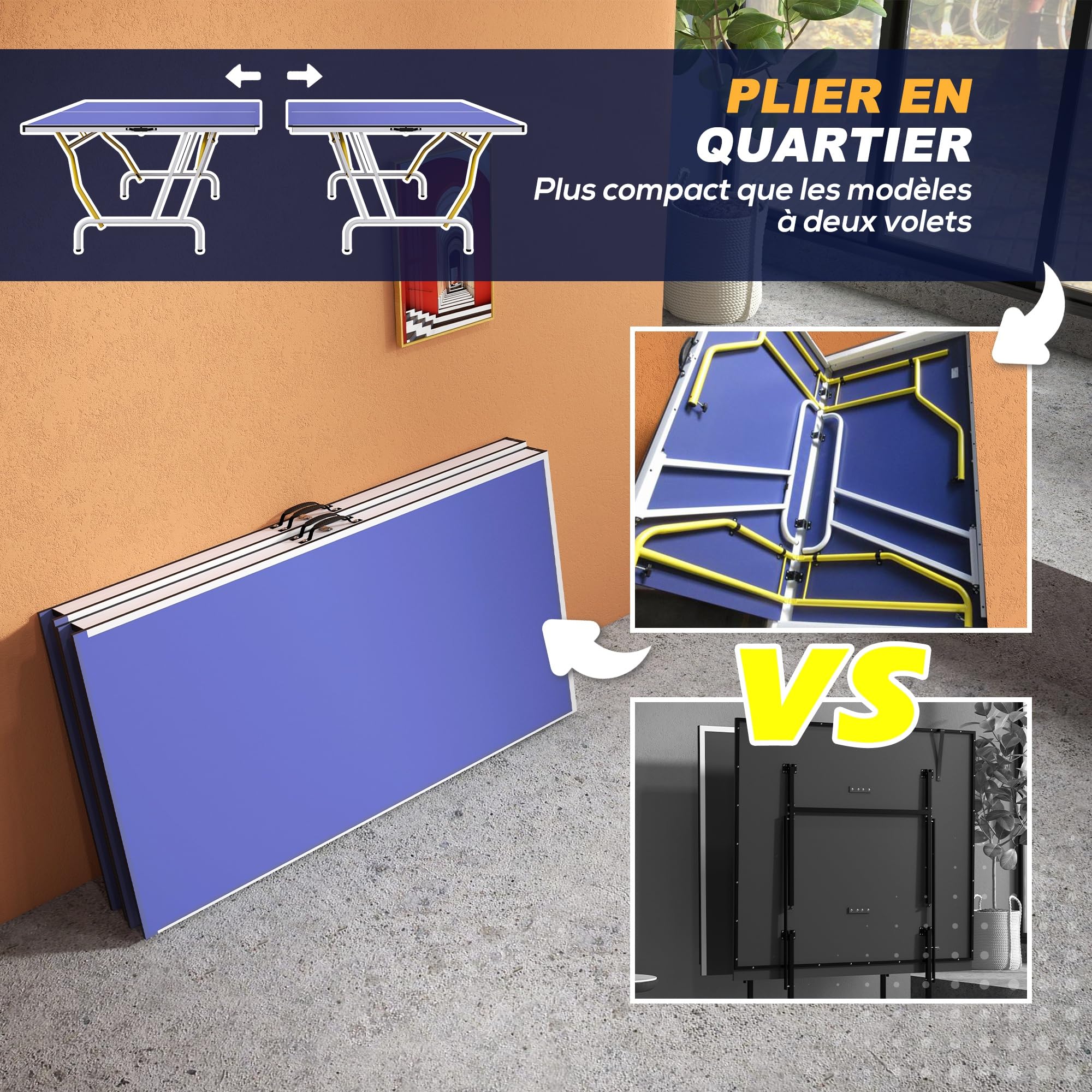 SPORTNOW Table de ping Pong Pliable en Quatre, Table de Tennis de Table intérieure, 2 Raquettes, 3 balles et Filet Inclus, 274 x 152,5 x 76 cm, Bleu