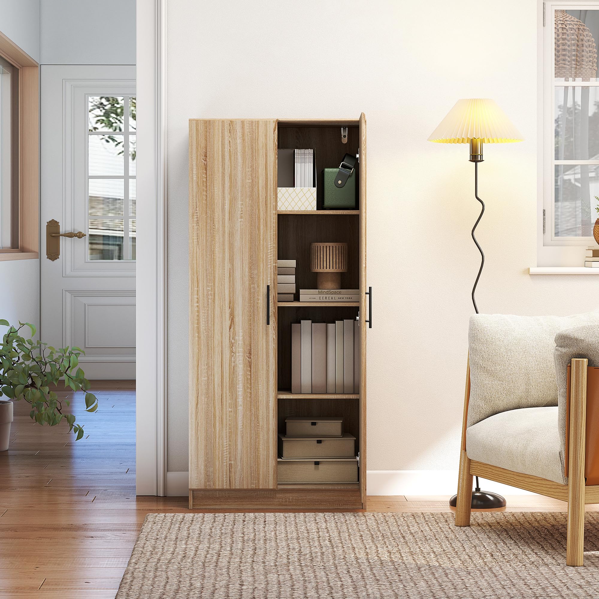 HOMCOM Credenza Cucina con Ante a Chiusura Ammortizzata, Dispensa Cucina con 2 Ripiani Regolabili, Mobile Dispensa per Soggiorno, Sala da Pranzo, Salotto, 75x40x165 cm, Color Legno