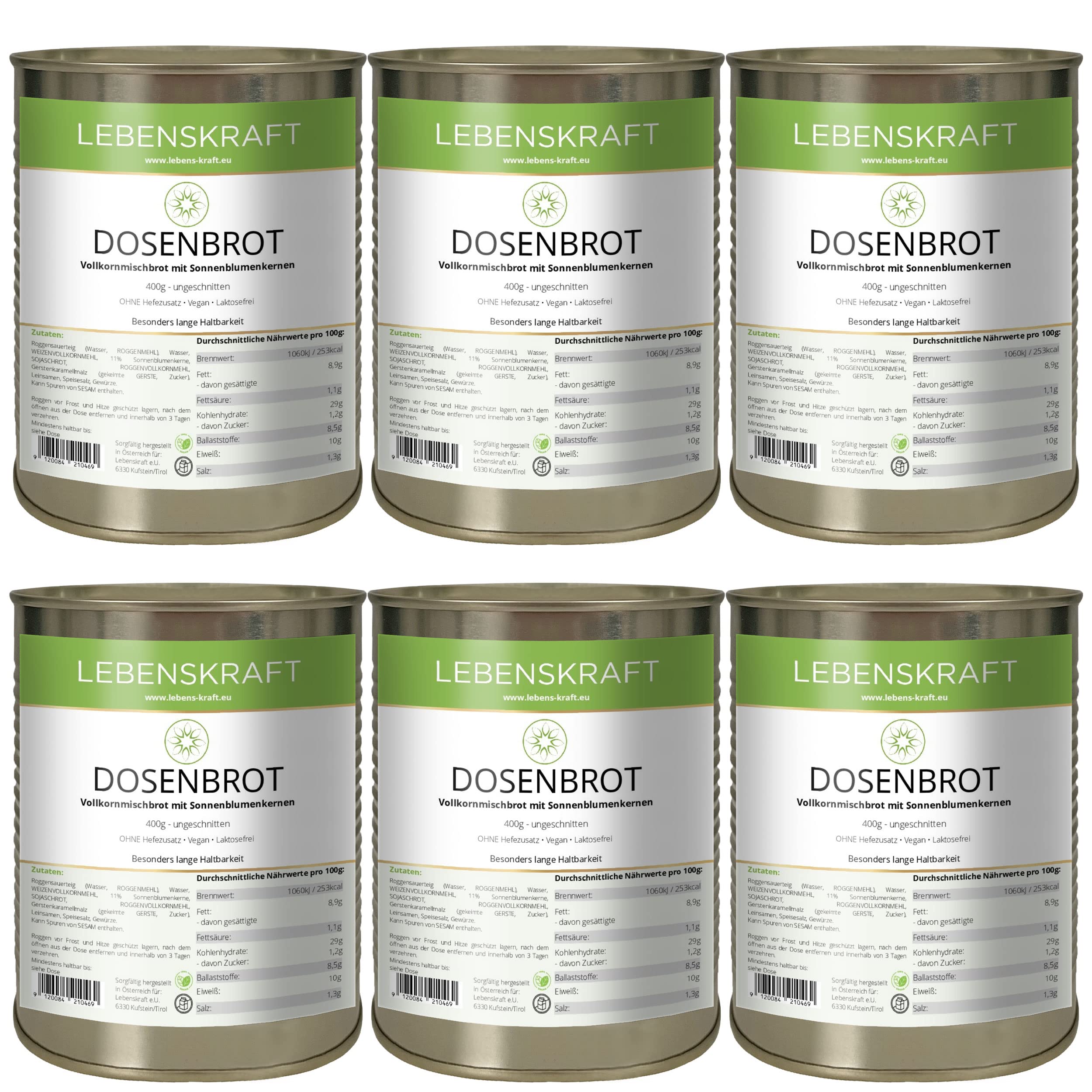 Lebenskraft Chleb w puszce, Finowie Körndl chleb pełnoziarnisty 6 x 400 g puszka, długi, trwały, bez drożdży, wegański, bez laktozy