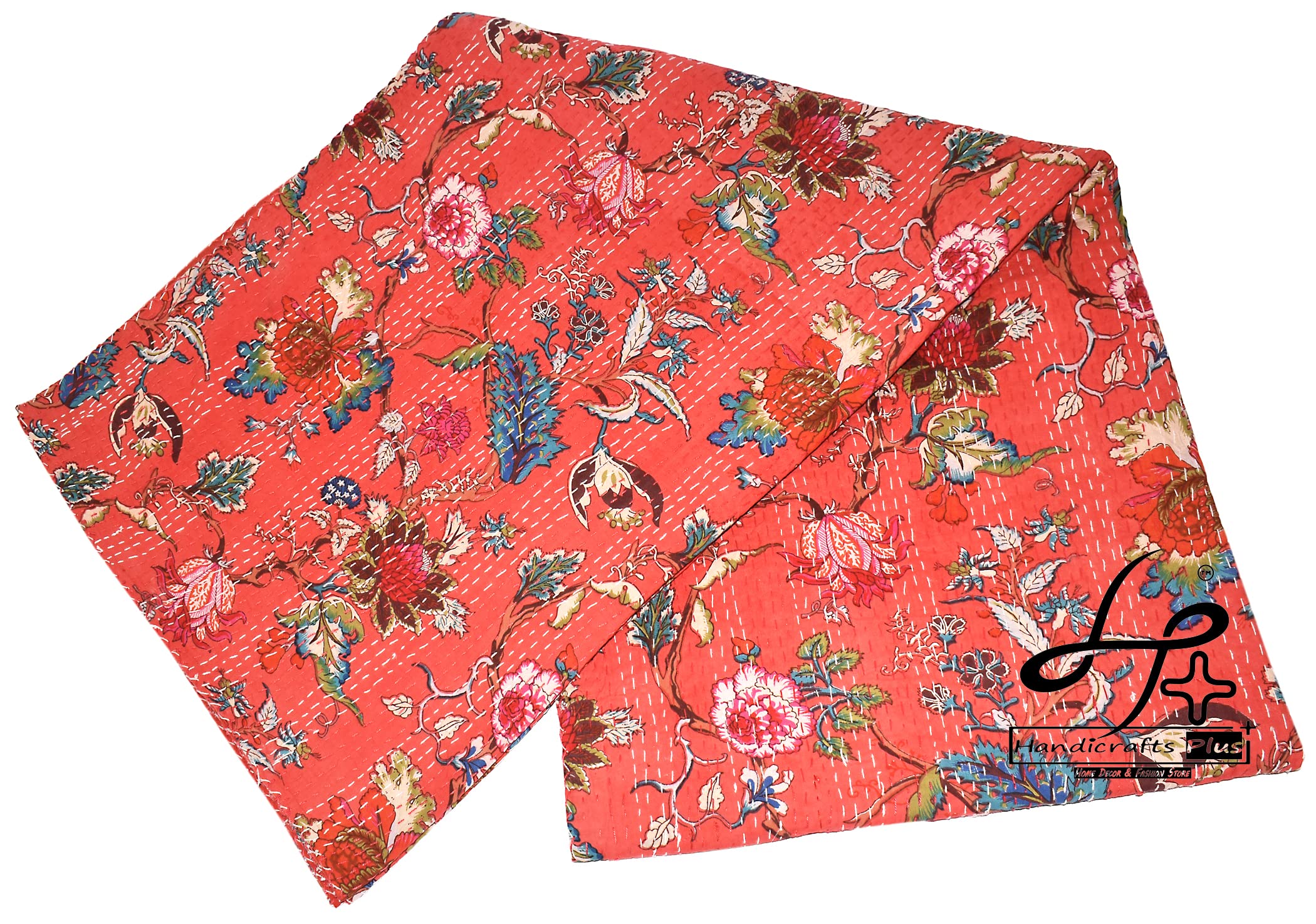 Handicrafts Plus King Size Kantha Quilt New Indian Cotton Gudari Red Color Coverlet Floral Print Bedspread 90x108''
