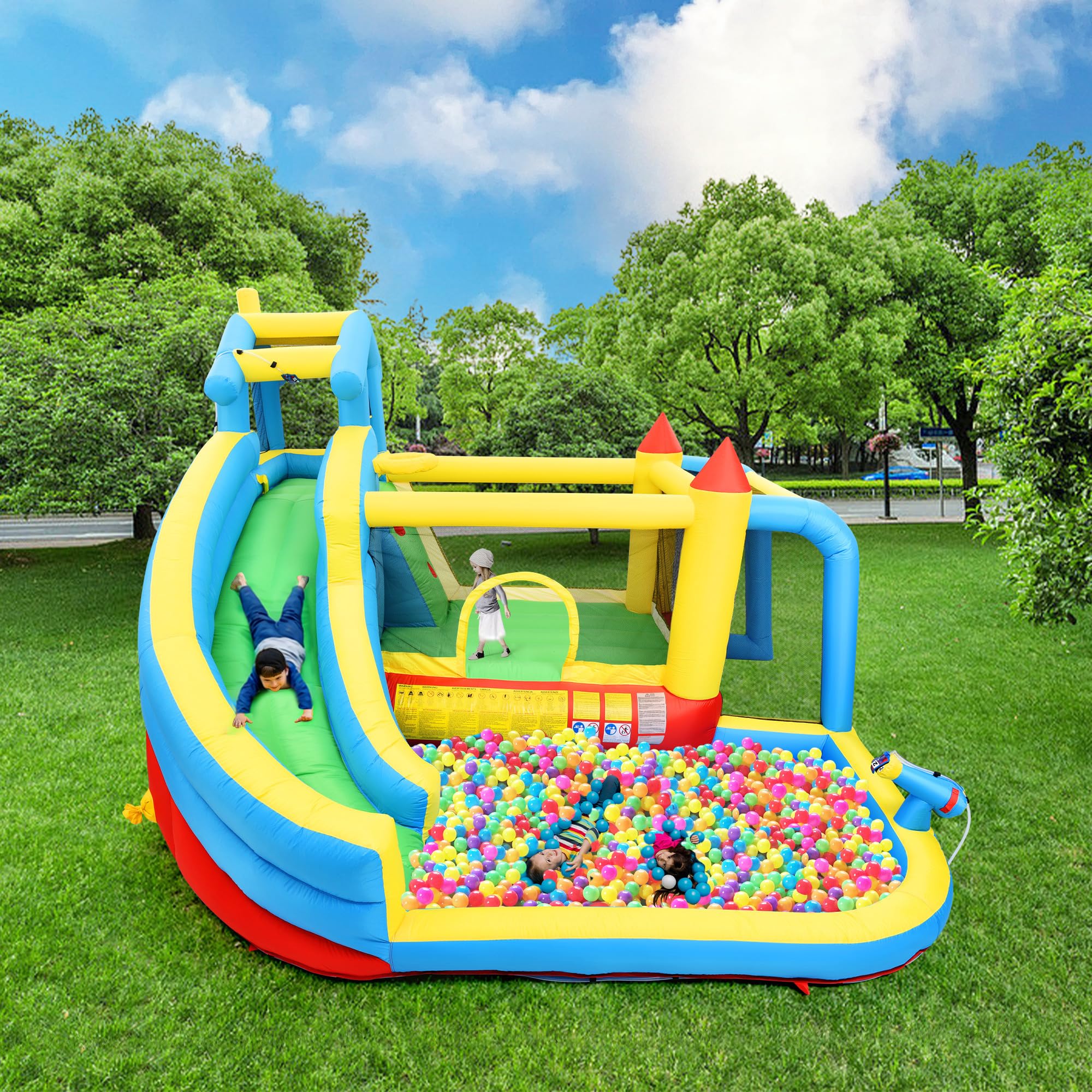 Bouncy Castle para niños 5 en 1 con ventilador, parque acuático inflable con tobogán, plataforma de salto, piscina y red de fútbol, castillo hinchable al aire libre para jardín, tela Oxford