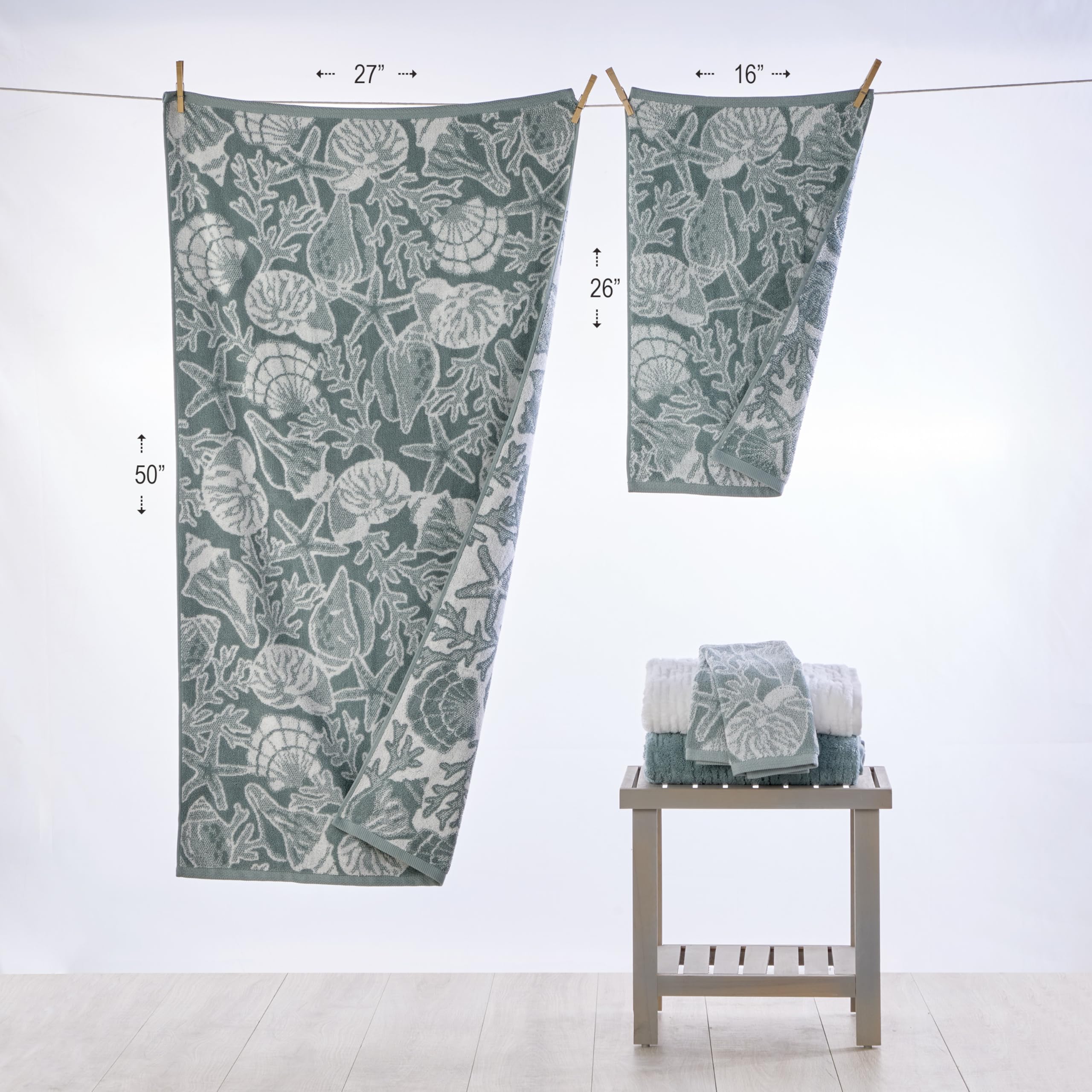 SKL Home South Seas Shell - Set di 2 asciugamani in 100% cotone premium, 550 g/m², reversibile, in jacquard, morbidi e assorbenti, tropicale, costiero, spiaggia, resort, per bagno, cucina, bar e