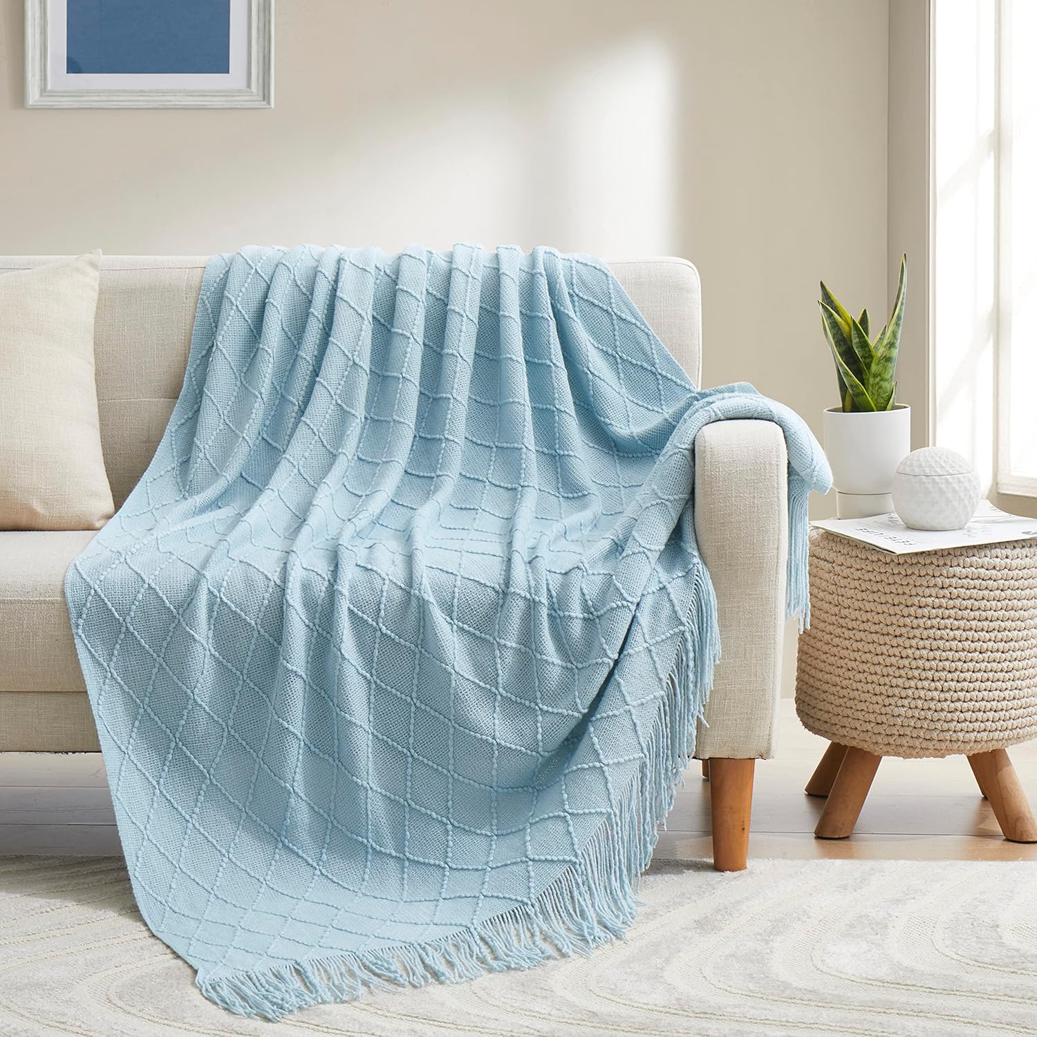 Acrylic Knitted Throw Blanket, Lightweight and Soft Cozy Decorative Woven Blanket with Tassels for Couch, Bed, Sofa, Travel, Suitable for All Seasons, 50 x 60 Inches, Light Blue - Image 7