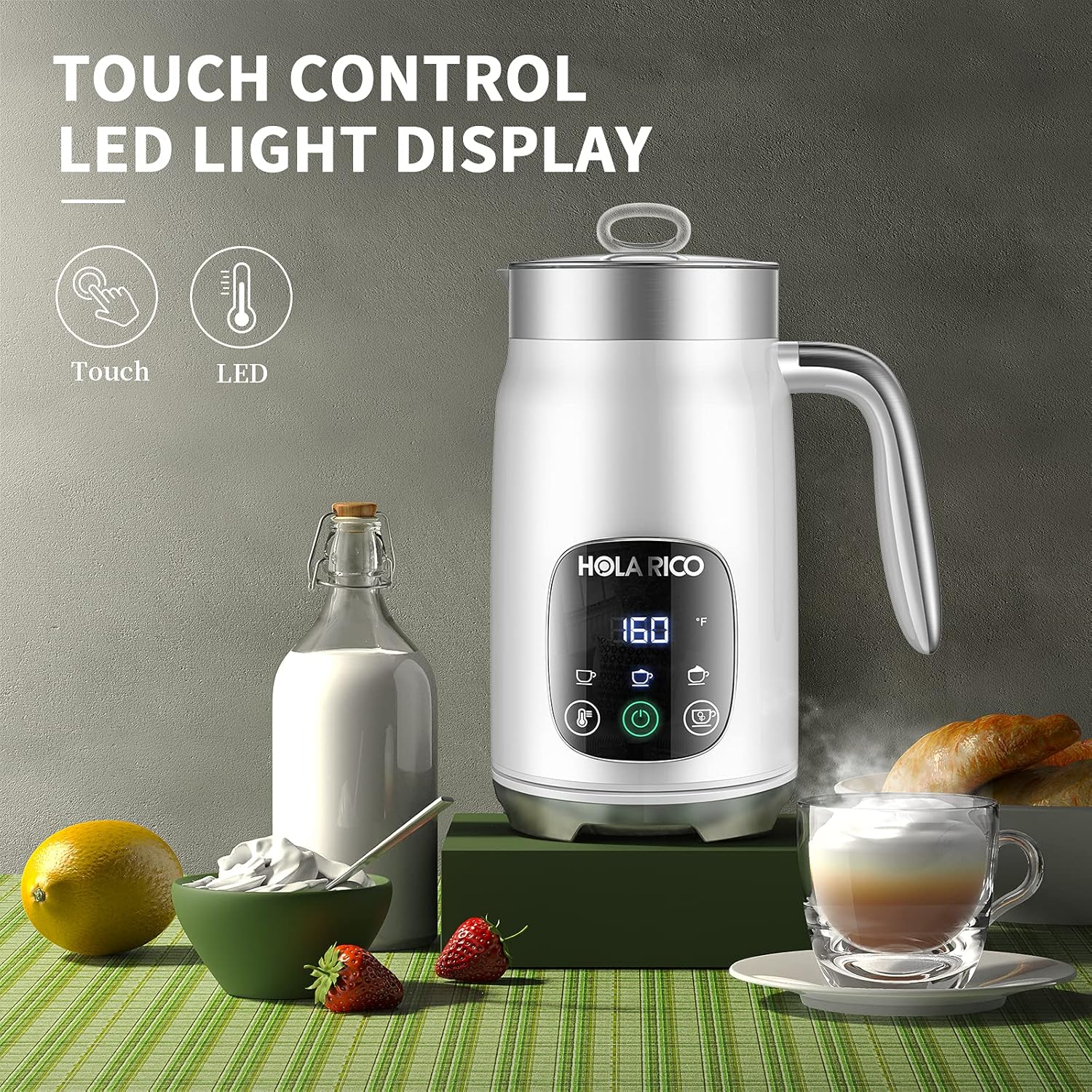 Hola Rico Milk Frother Electric Milk foam Maker and Steamer 14.1oz with Variable Temp, Smart Digital Display & Touch Control, Memory Function for Latte, Cappuccino, Warm Milk, Hot Chocolate: Home & Kitchen