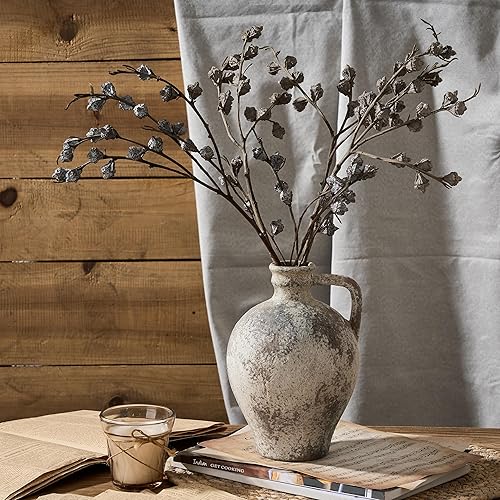 Miniatura 4 de LUKA Jarrón rústico de cerámica para granja, jarrón de terracota de 8.25 pulgadas con asa, jarrón decorativo de arcilla neutra para sala de estar,