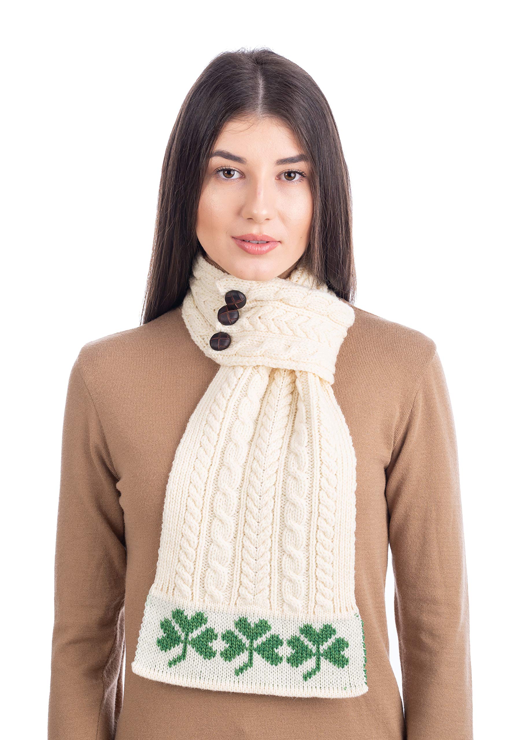 SAOL - Sciarpa Aran da donna con nodo, in stile irlandese con motivo con trifoglio, in 100% lana merino - marrone - taglia unica