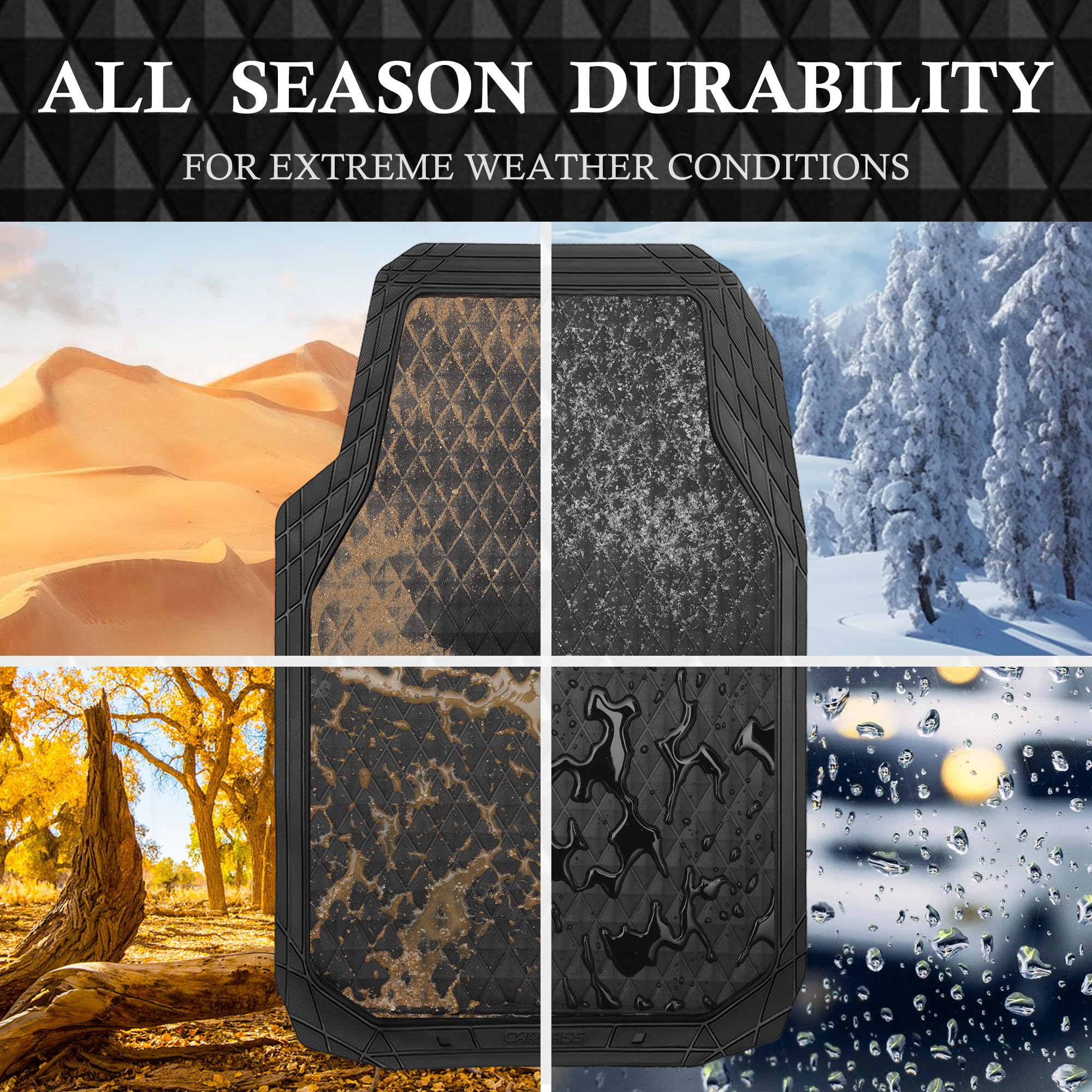 CAR PASS Black Rubber Car Mats, All-Weather Floor Mats Full Set Durable Anti-Slip 3D Rhombus Waterproof Automotive Pad Trim to Fit Liner Universal Fit for Sedan SUV Truck Van, 4 Pcs All Black Rubber